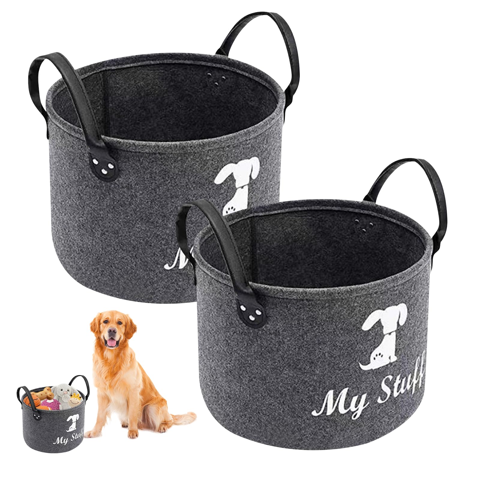 Xdealcozyxc Grey 2 Pcs Dog Toy Basket Box. Personalised Felt Toy Boxes Storage With Handles Collapsible For Organizing Pet Cat Clothing And Toys