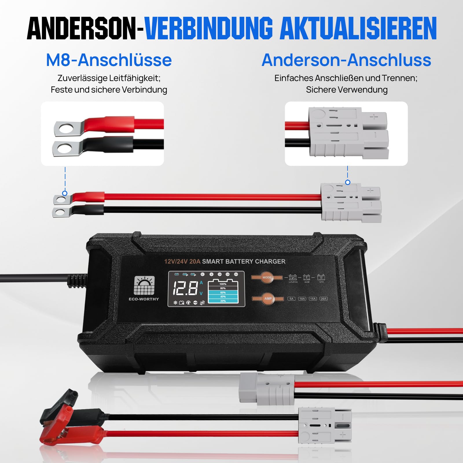 ECO-WORTHY 12V/24V 20A LiFePO4 Batterieladegerät mit Multi-Current Optionen 5A/10A/15A/20A,automatische LiFePO4 Blei-Säure Batterie Spannungserkennung für Auto LKW Motorrad Rasenmäher