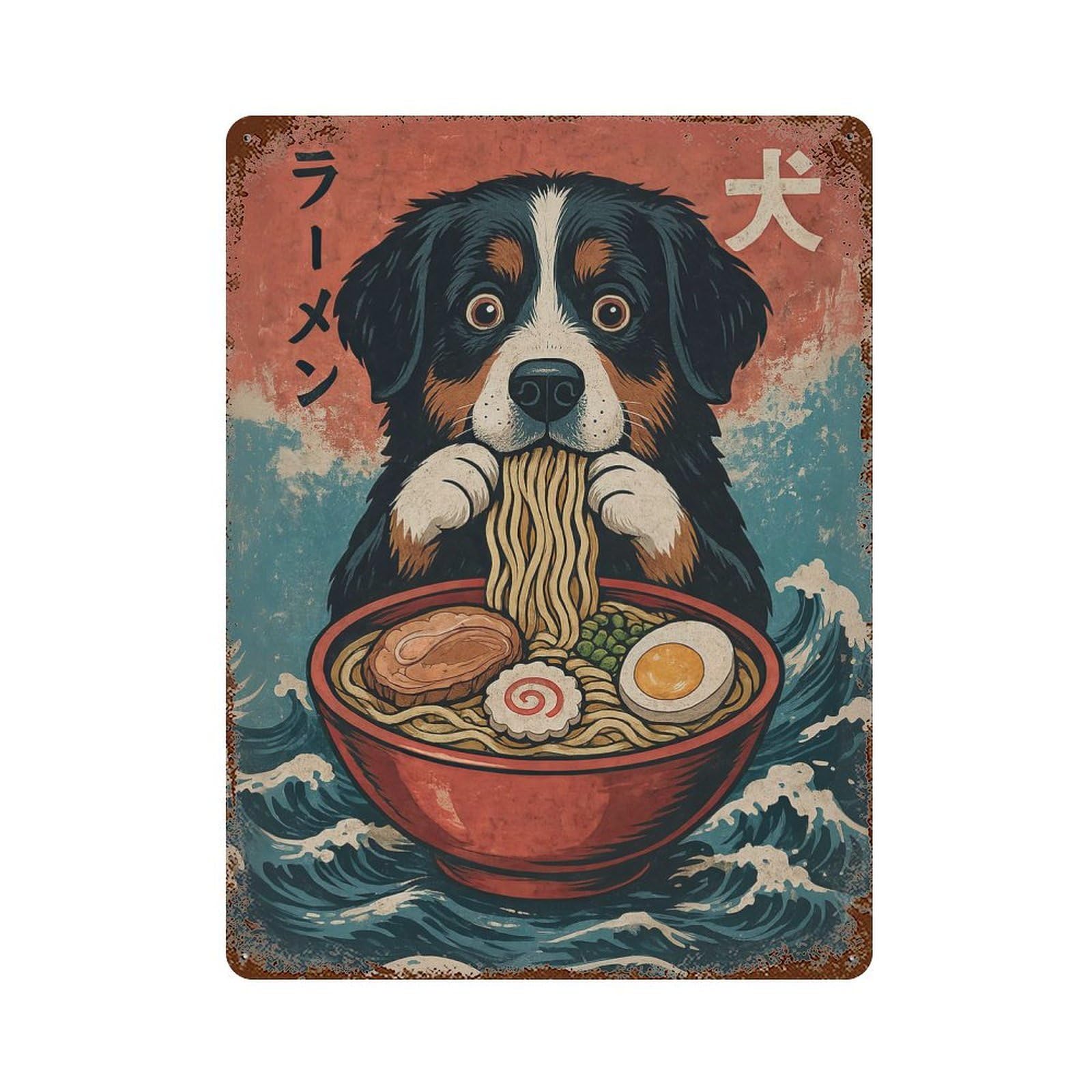 Distressed Metal Wall Sign Bernese Mountain Dog Ramen 15.7"x11.8", Old School Wall Decor for Bistro, Counter And Cafe Decor