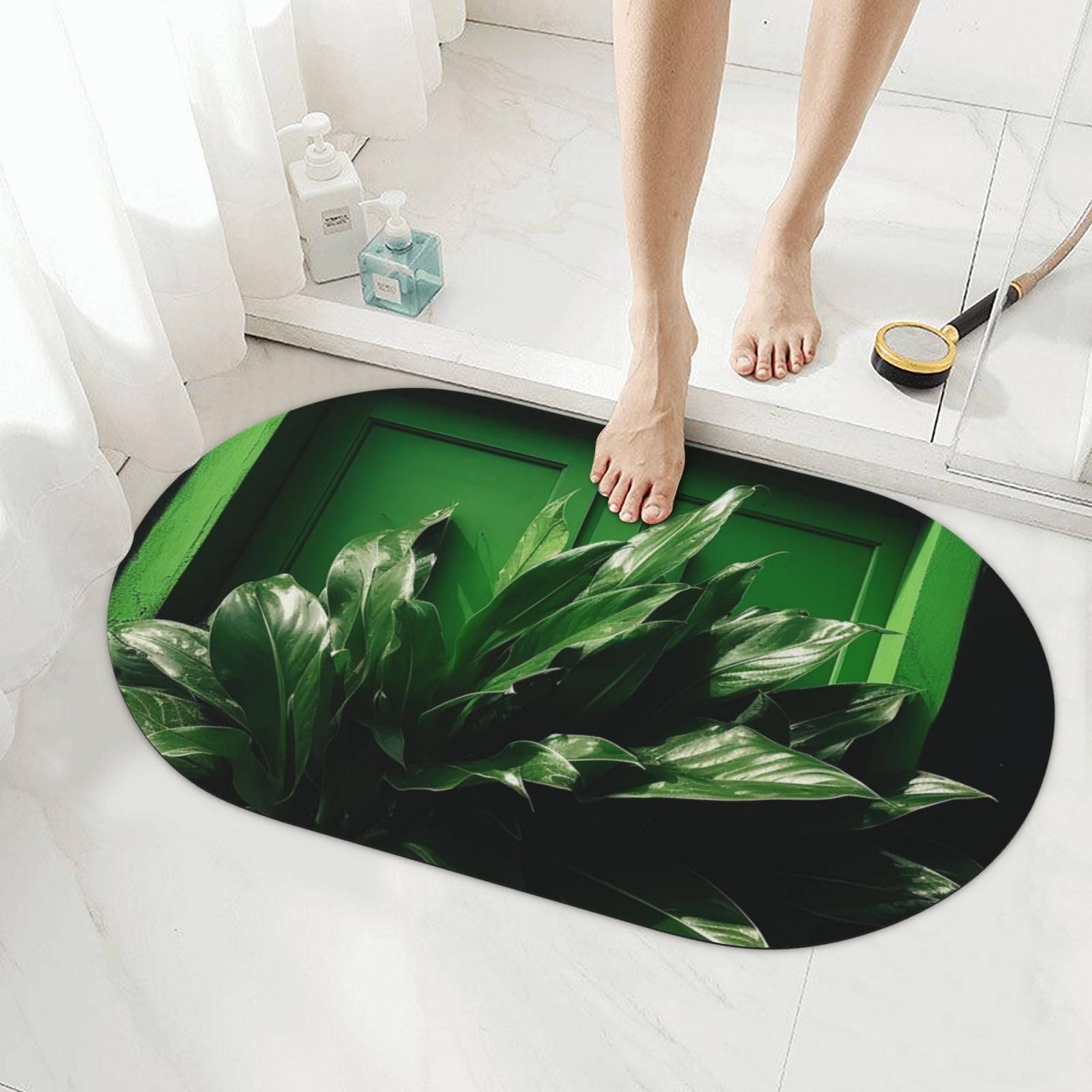 Tapis de bain en pierre antidérapant avec motif plante verte 50x80