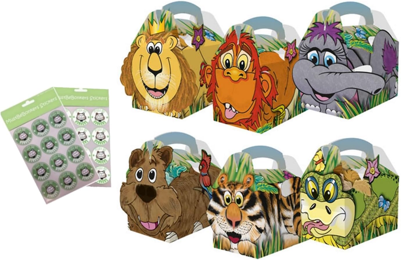 MustBeBonkers 20 x Jungle Animal Theme Childrens Kids Carry Food Birthday Party Meal Box With MBB sticker seals