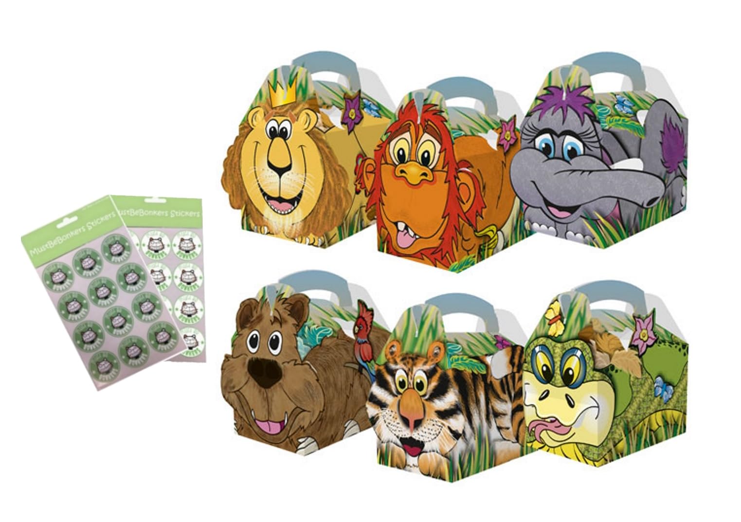 MustBeBonkers 20 x Jungle Animal Theme Childrens Kids Carry Food Birthday Party Meal Box With MBB sticker seals