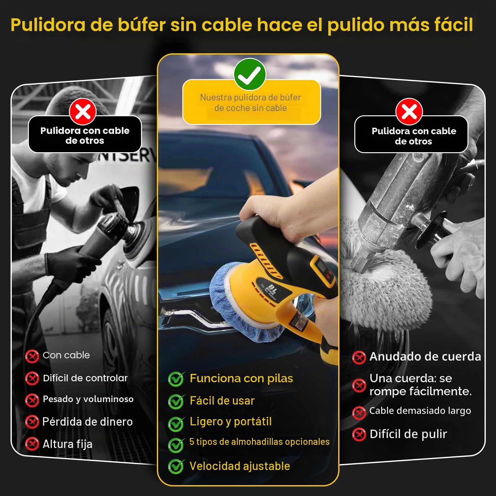 WingFly Pulidora de Búfer Inalámbrica Compatible con Dewalt 18 V, 20 V | Pulidora de Búfer de coche con Accesorios adicionales, 6 Velocidades variables 5200 RPM