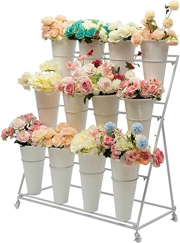 Soporte de exhibición de flores con 12 cubos de plástico, 3 capas de metal para plantas con ruedas, carrito de flores resistente para interiores y