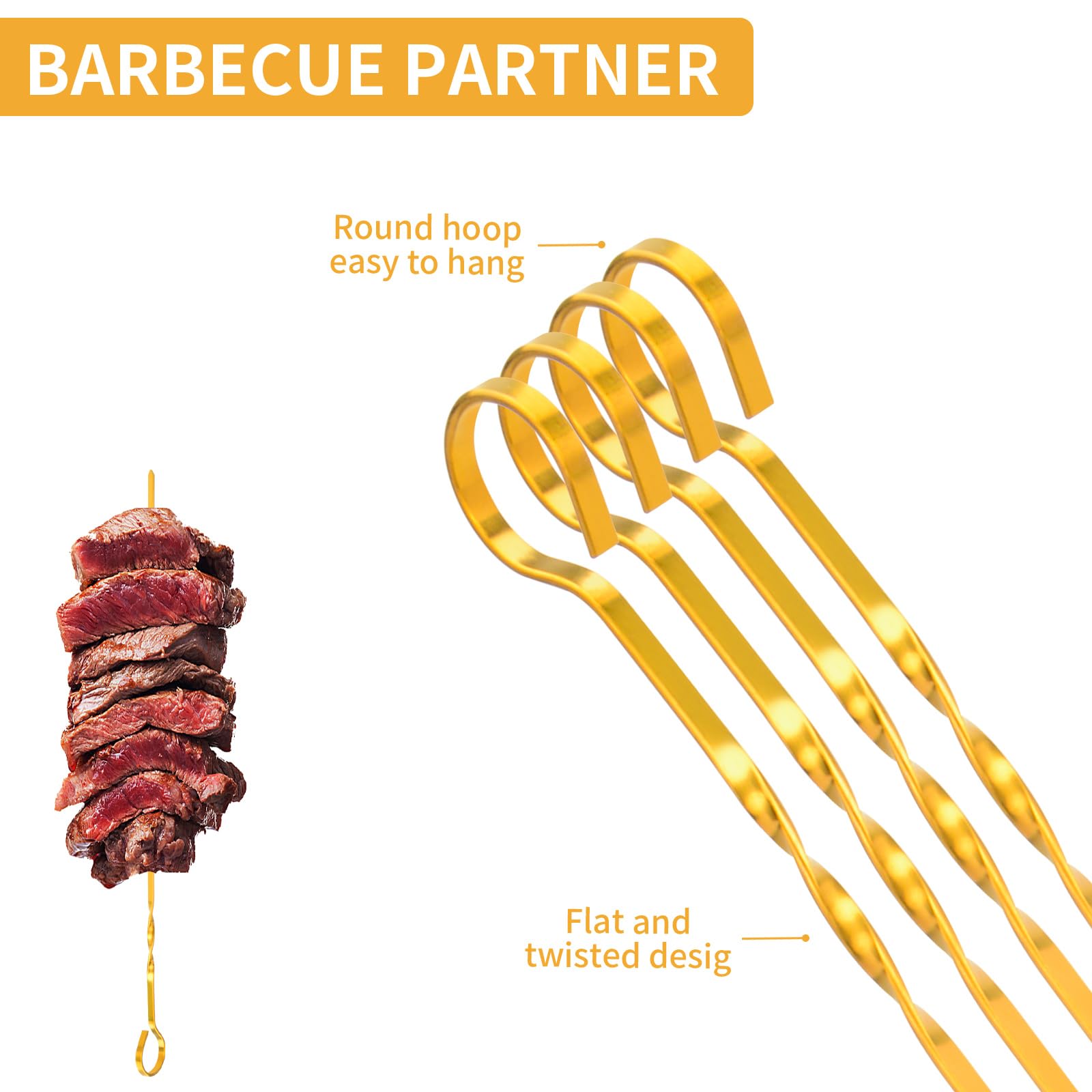 Snailhouse Pinchos Kabob, paquete de 12 pinchos de metal de 14 pulgadas, para barbacoa, acero inoxidable, con bolsa de almacenamiento para parrilla, color dorado