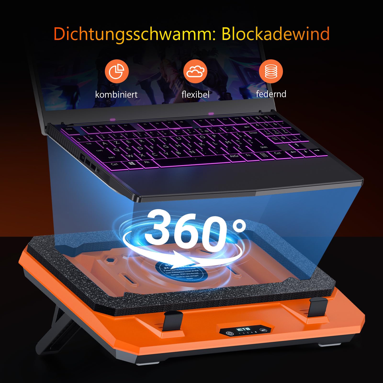 IETS GT300 Almohadilla de refrigeración mejorada para portátil con soporte ajustable, turbo enfriador para enfriamiento rápido, portátil de 10 a 17 pulgadas, anillo de sellado flexible, con abrazadera