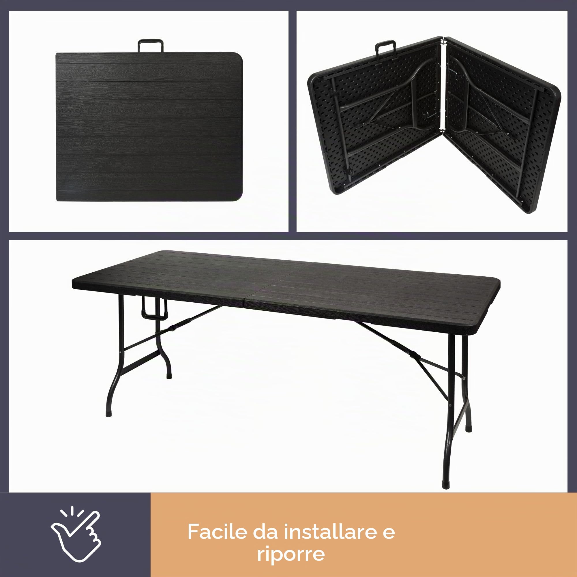 Perel Tavolo pieghevole, tavolo da campeggio per esterni, resistente alle intemperie, con maniglia, ideale per picnic, campeggio, barbecue, feste, portata fino a 100 kg, effetto legno, colore nero