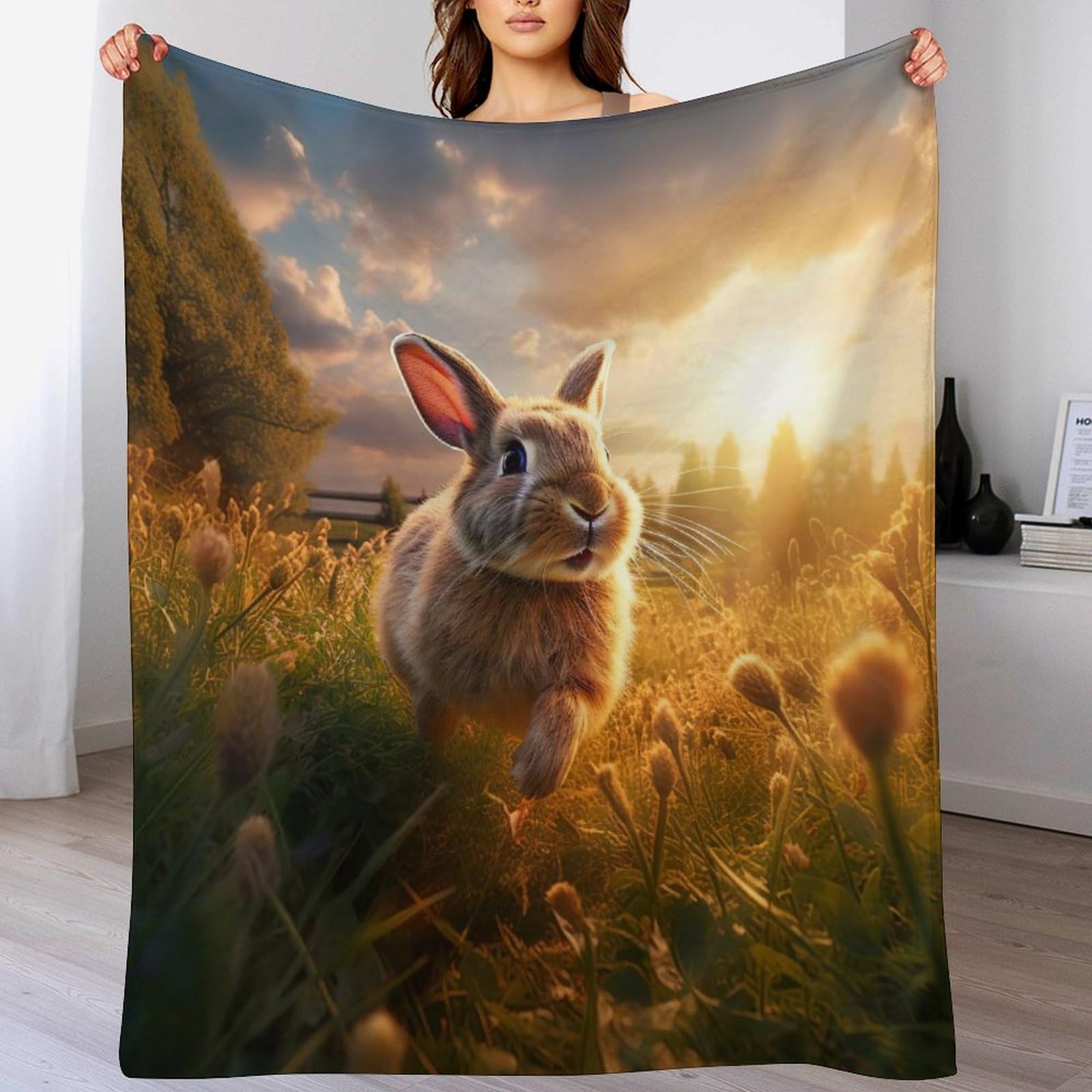 Plaid Couverture Polaire Lapin un Enveloppement Doux pour Canapé-lit
