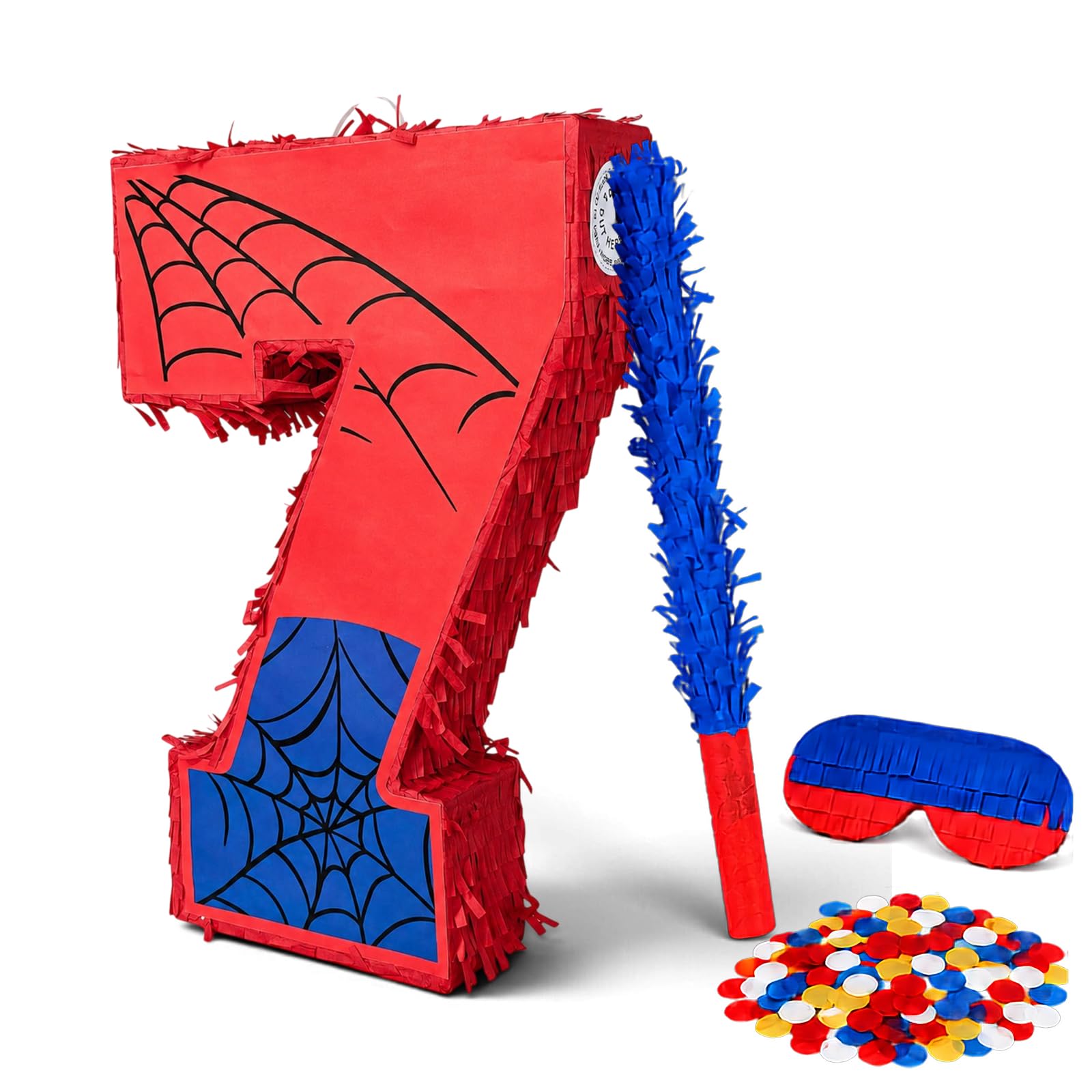 Piñata d'anniversaire numéro 7 pour enfants, thème araignée, 40,6 cm, avec bâton, bandeau et confettis, décoration de fête de super-héros pour garçons et filles (SPD-A1-7TH)