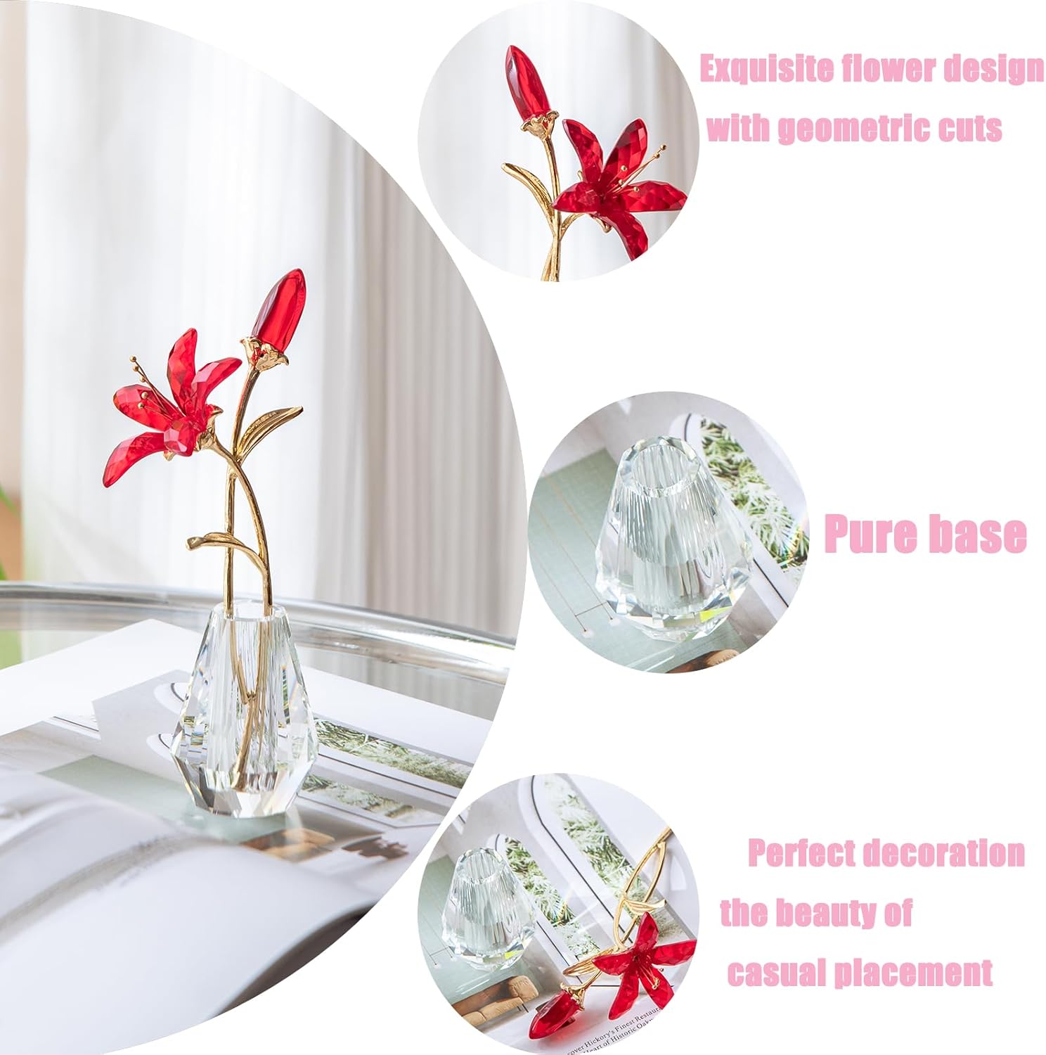 Crystal Lily Artificial Flower Decor Figurine with Vase,Crystal Vase for Flower ，Sunshine Catcher, Home Decor Ornament，Suitable for Bedroom and Living Room Decoration（red-with Gift Box）