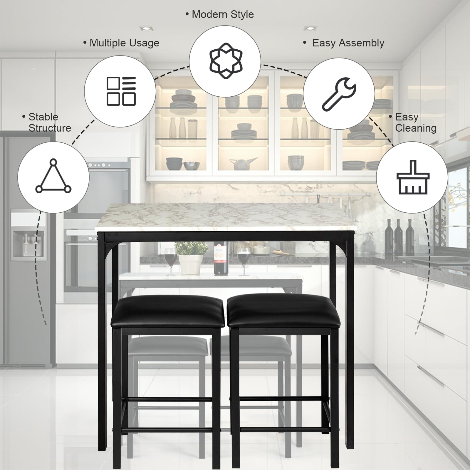 HOMASIS Tavolo Alto Bar con 2 Sgabelli, Tavolo da Pranzo in Legno, Set di 3 Pezzi da Soggiorno, Penisola Cucina con Sgabelli, 90 x 60 x 82 cm (Bianco)