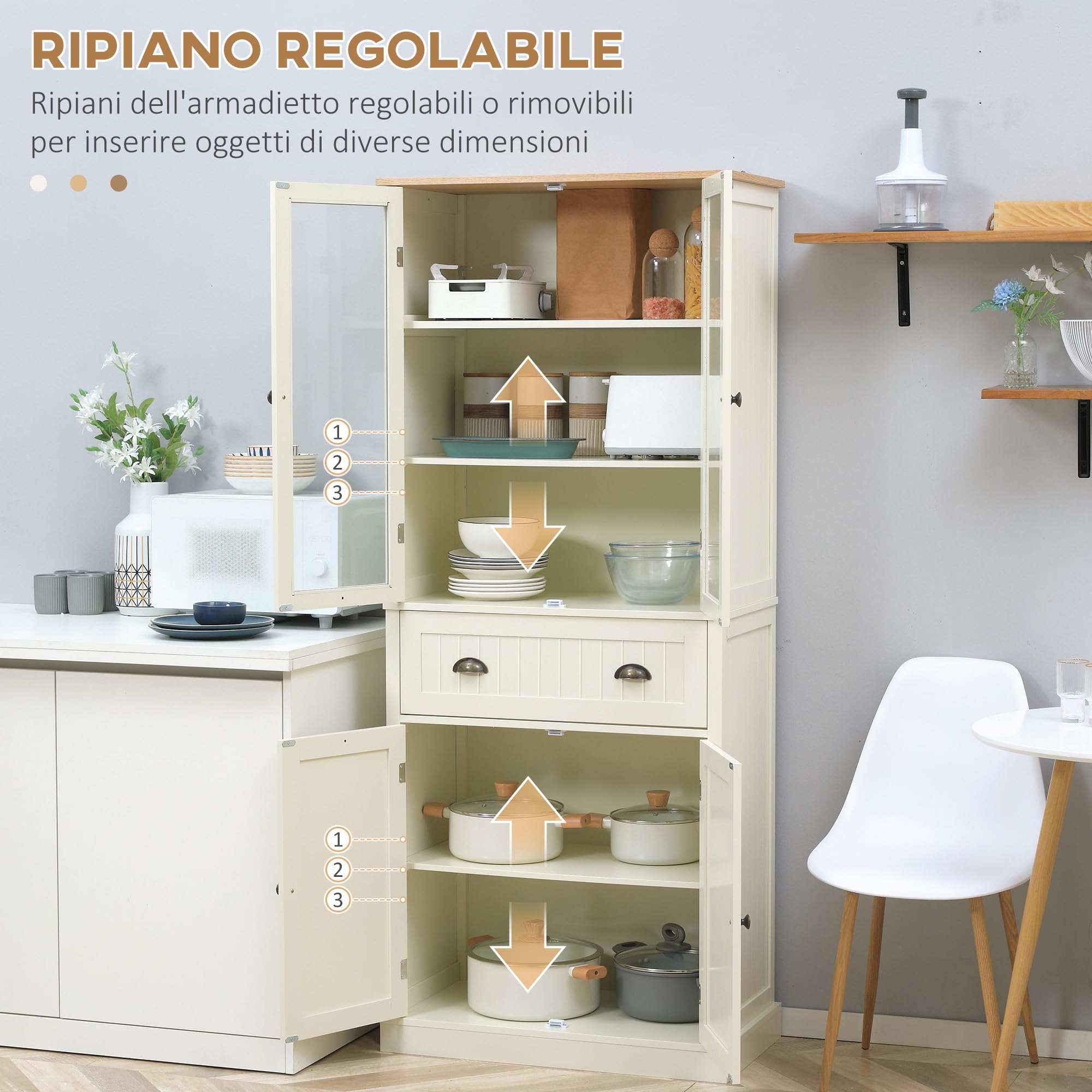 HOMCOM Mobile Dispensa a 5 Livelli con Cassetto Centrale, Dispensa per Cucina, Sala da Pranzo e Soggiorno con Ripiani Regolabili e Ante in Vetro Temperato, 76x40x182.5 cm, Bianco Crema