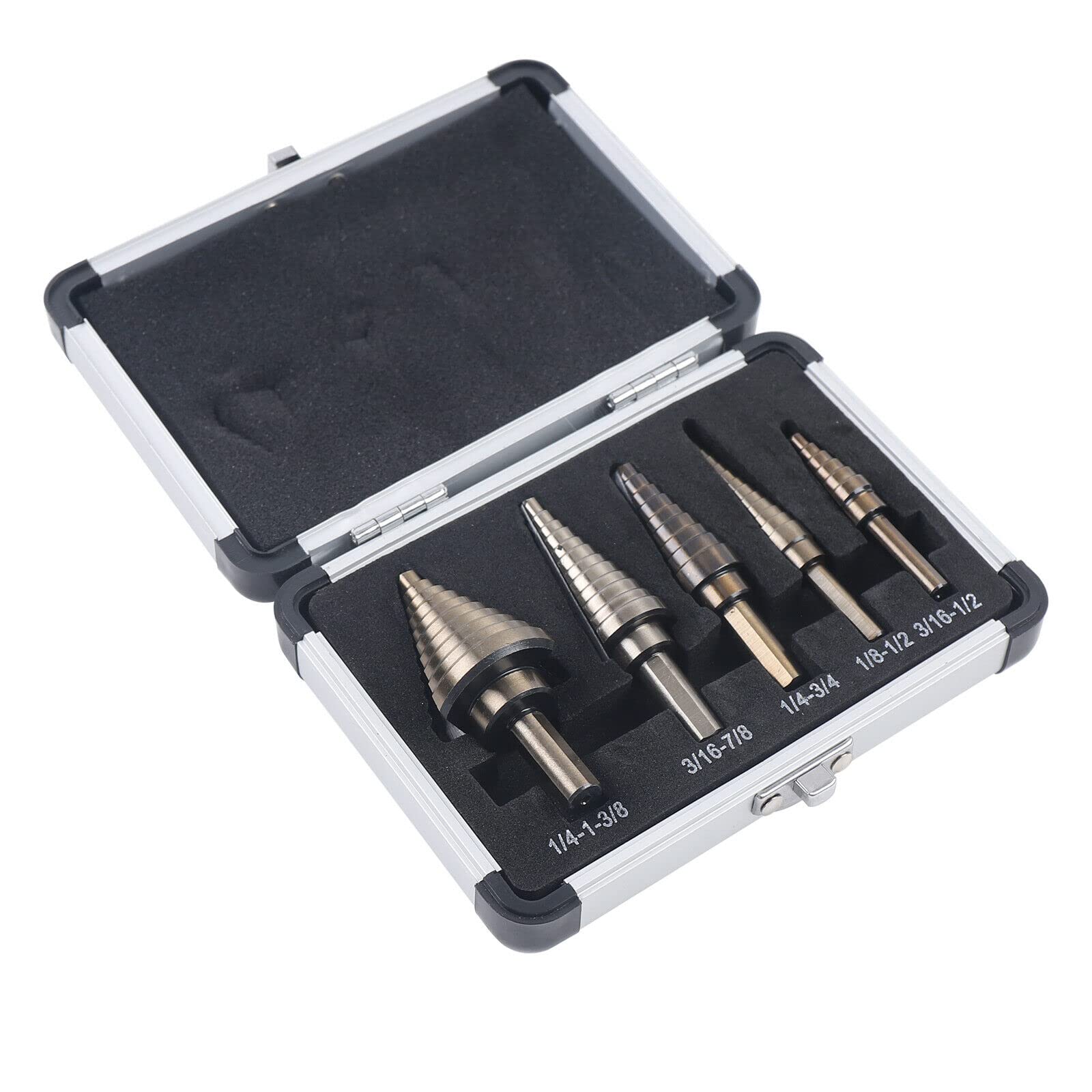 Juego de 5 brocas escalonadas HSS de cobalto profesional para acero inoxidable, metal, madera y plástico.