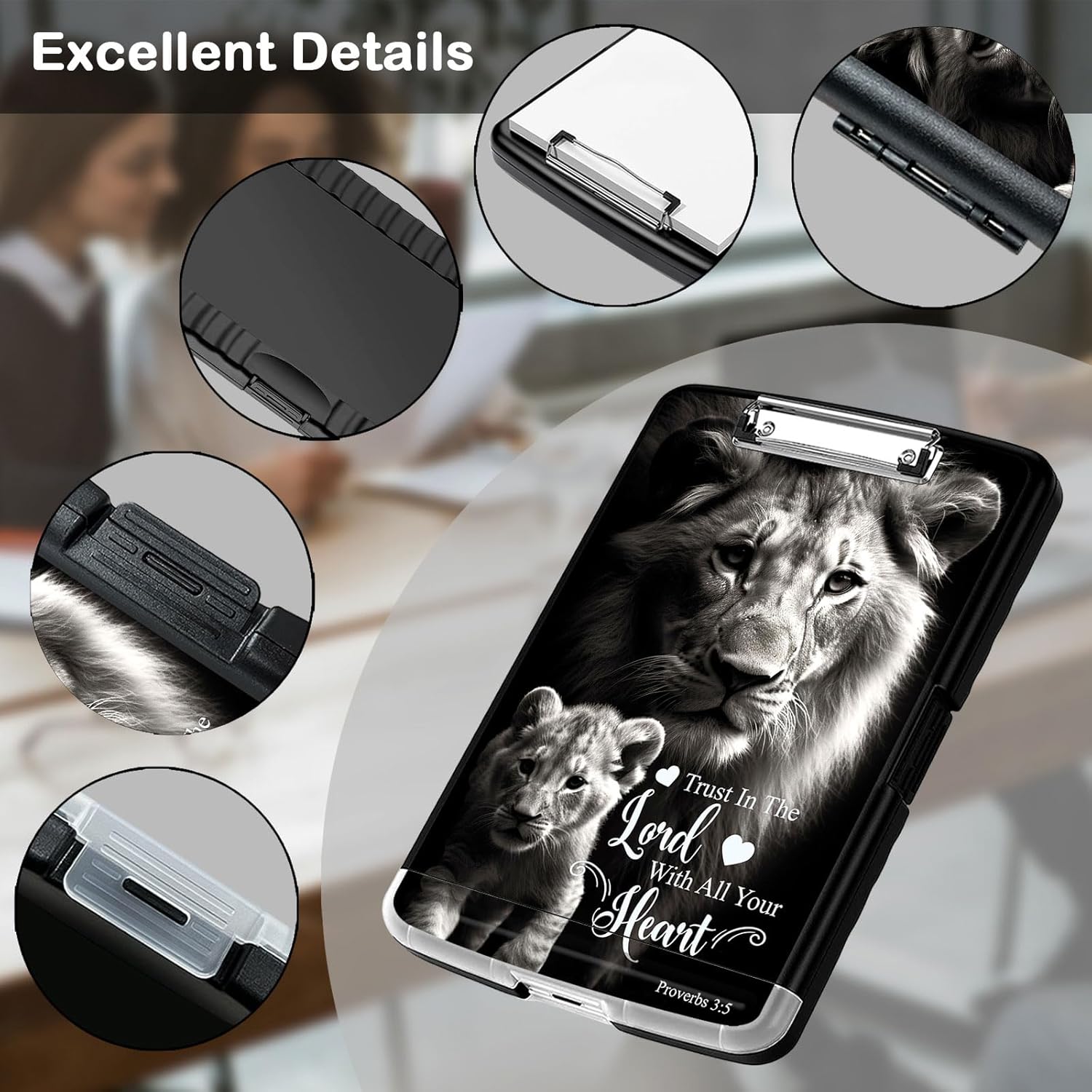 Clipboard with Storage,Office Supplies Nursing Clipboards Folder with Pen Holder Plastic Storage ClipBoard Foldable for Teacher Nurse,Lion Proverbs 3:5
