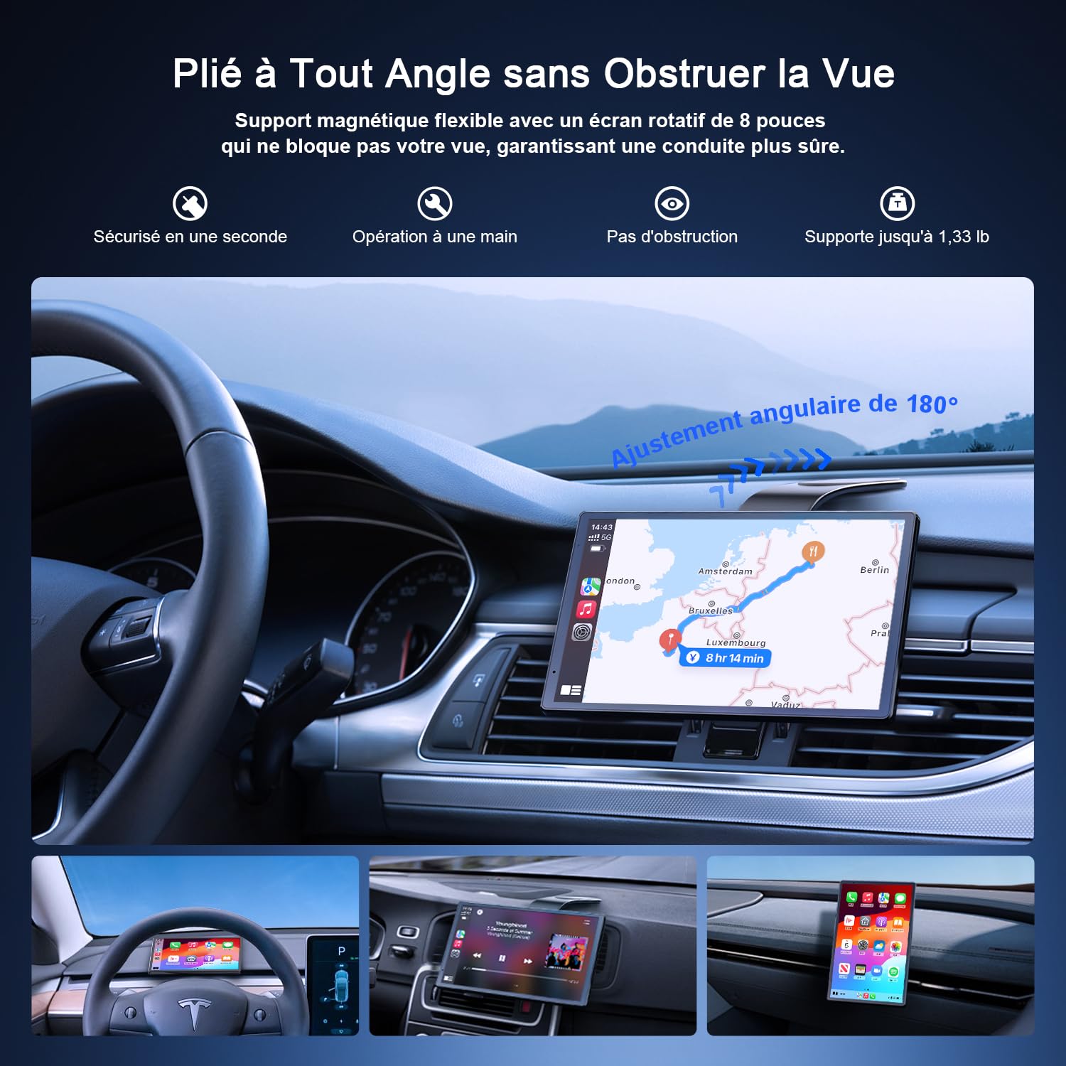 Avylet Écran Portable 8" Apple CarPlay & Android Auto, Tactile 1440x900 | support magnétique,Caméra de Recul 1080p, Bluetooth, Navigation，aGPS, Contrôle Vocal Google/Siri, AUX/FM, Mirror Link, OTA