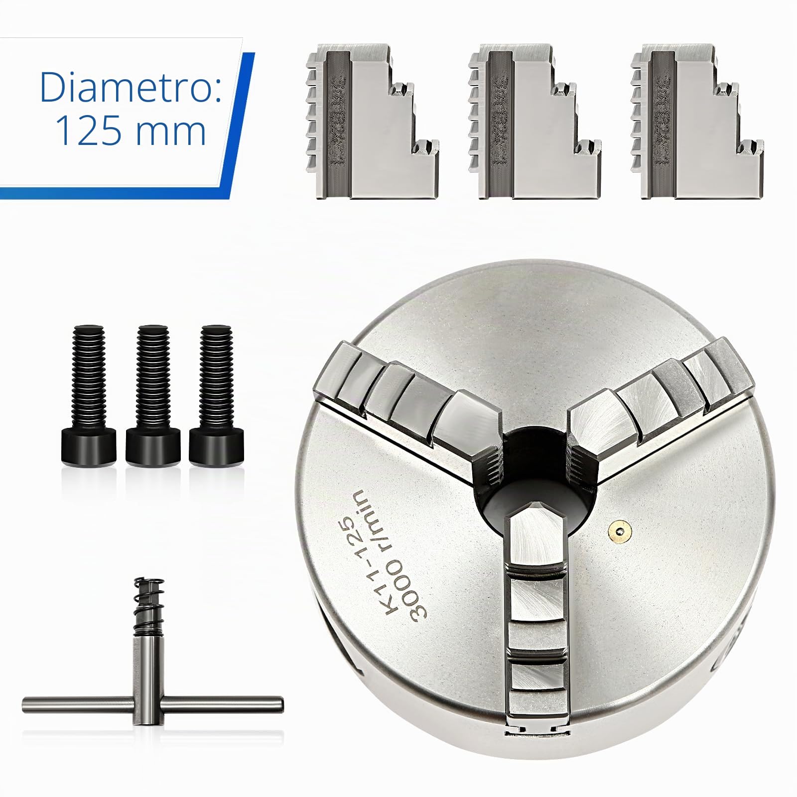 Mandrino rotante autocentrante a 3 ganasce da 125 mm per tornio – Mandrino in acciaio, 3000 giri/min, con chiave di serraggio e ganasce – Fodera di precisione per CNC, fresatura e foratura