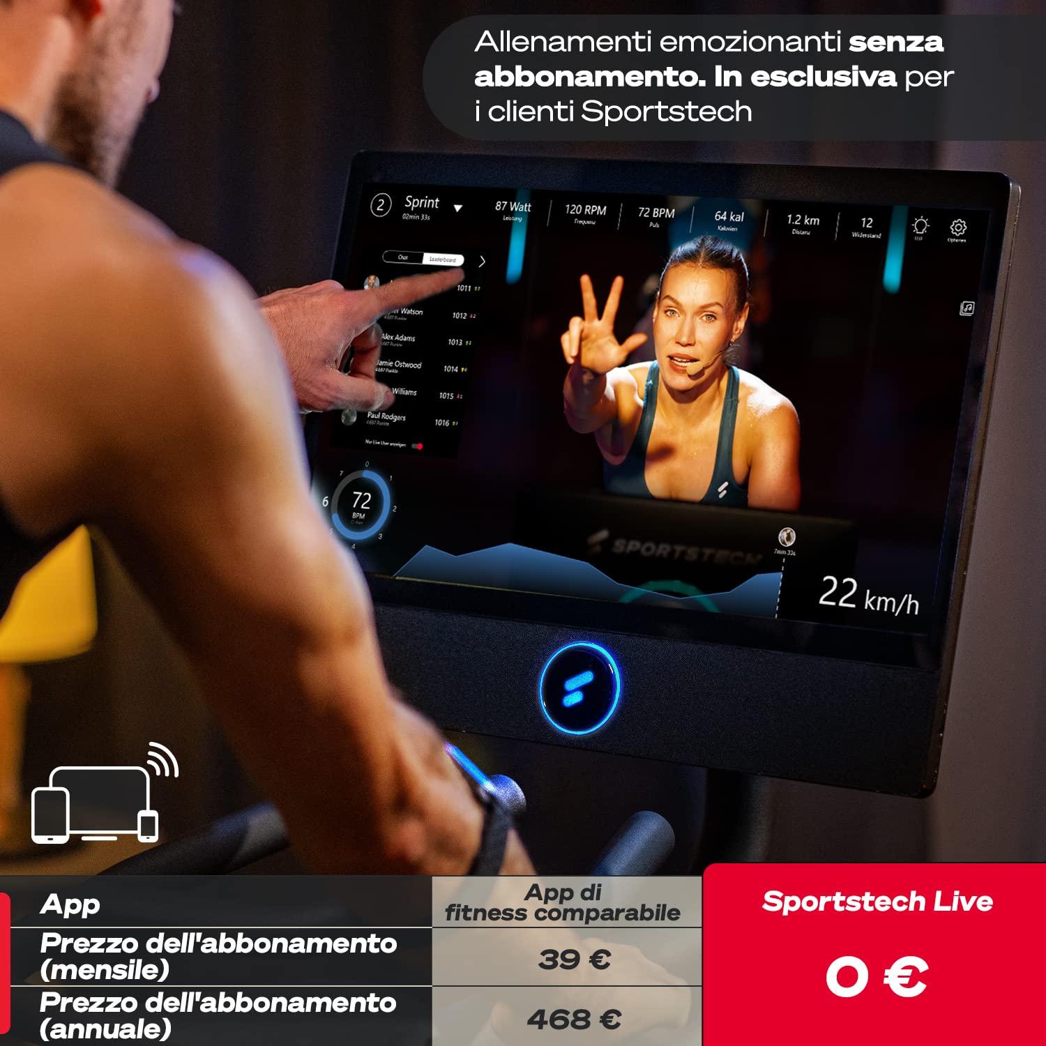 Sportstech sBike, Smart Cyclette da Casa, Alternativa Avanzata a Ellittica da Casa o Cyclette Pieghevole, con Corsi dal Vivo e su Richiesta, Touch Screen da 21,5 Pollici, Nero