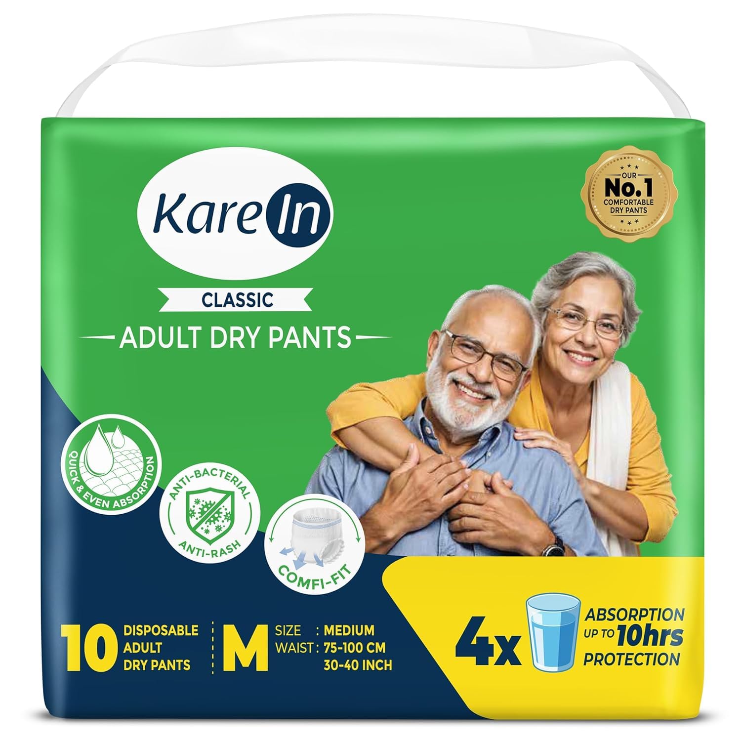 Karein Classic Adult Diaper Pant M Size, Medium, Waist (75-100 cm 30'-40'), 10 Unit, Long Protection Hour, Unisex, Quick & Even Absorption, Anti-Bacterial, Leakproof, Odour Control, Wetness Indicator