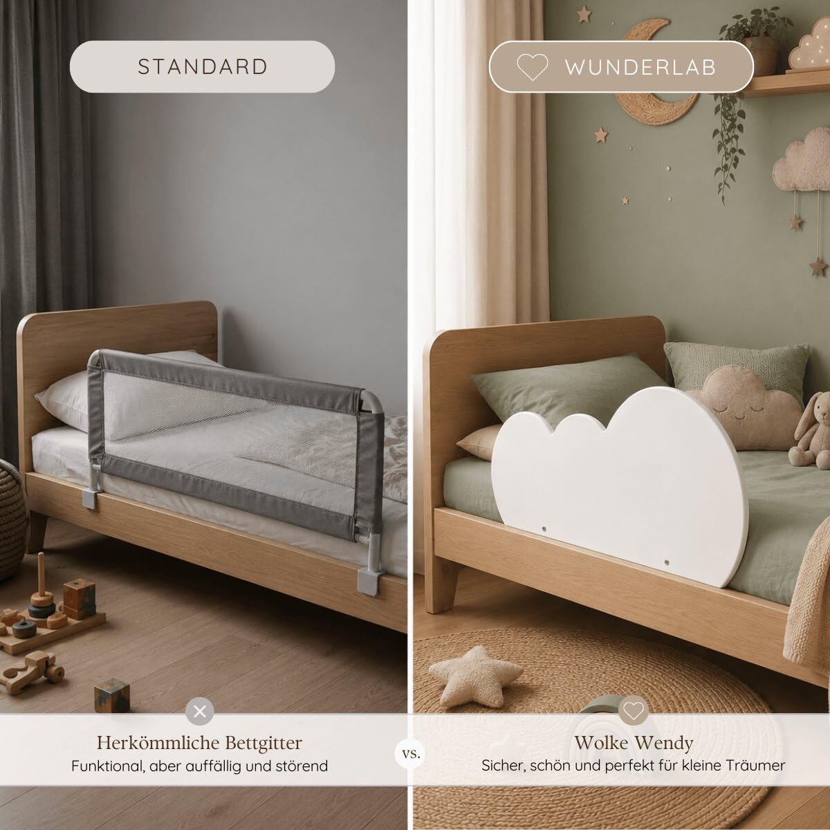 Rausfallschutz Bett aus Holz in süßem Design für Kinder - Bettgitter Rausfallschutz Wendy fürs Kinderzimmer, Bettschutzgitter Kinderbett, Hausbett bis 200cm geeignet, schön, stabil + sicher