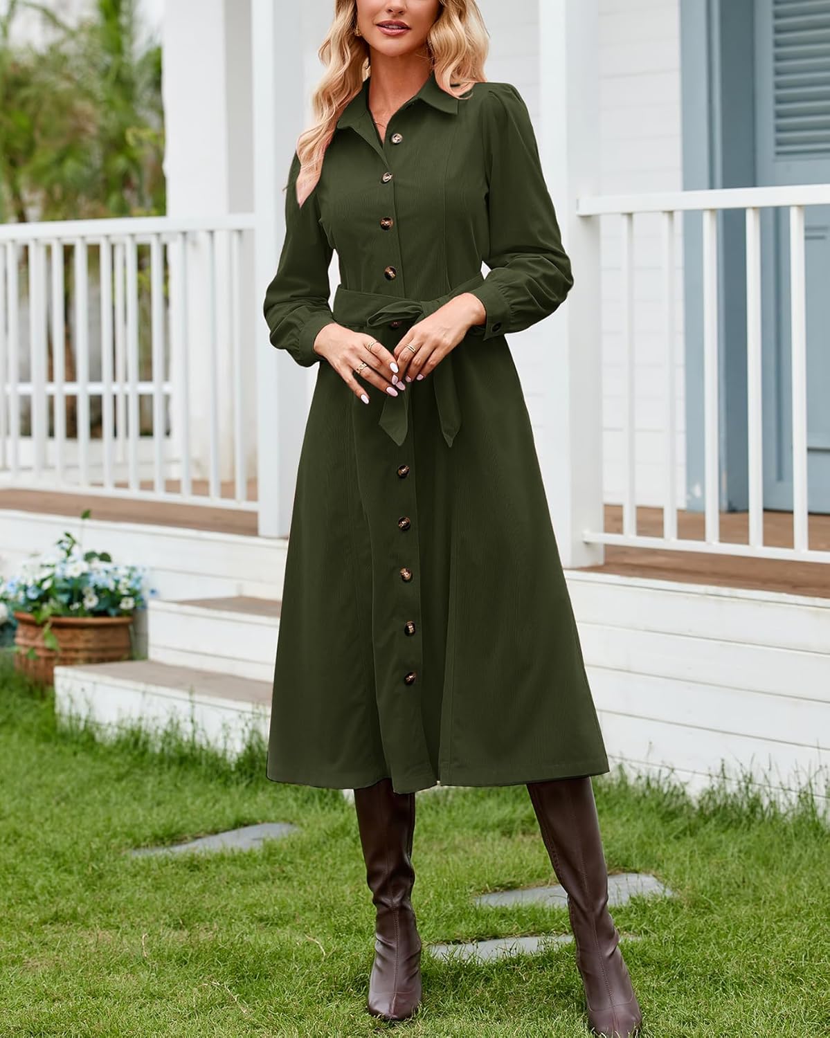 Women's Corduroy Maxi Dress Long Sleeve Cord Button Down Fall Shirt Long Dress with Belt - Image 2