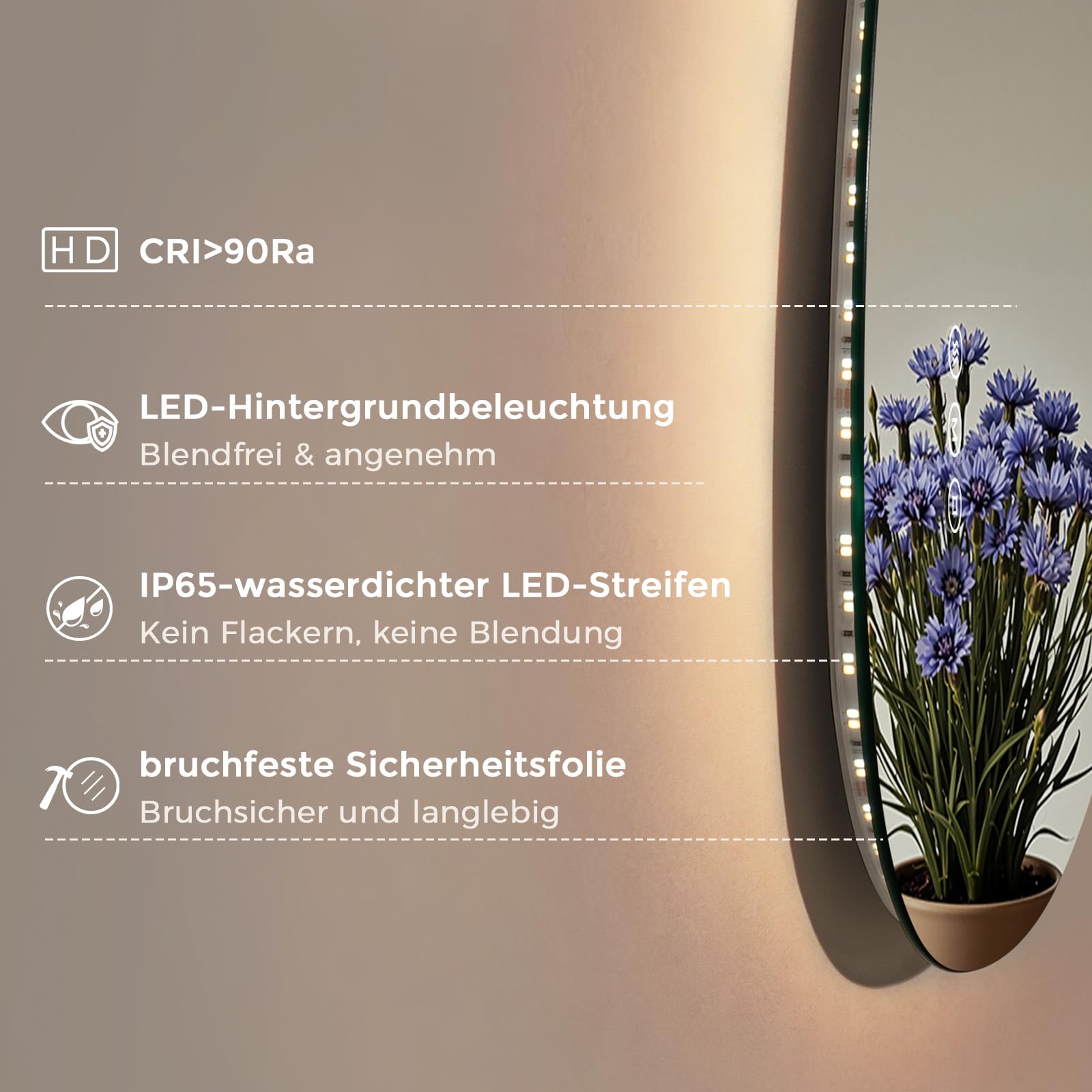S'AFIELINA badspiegel asymmetrisch mit Beleuchtung 75x55, LED Badezimmerspiegel Dimmbar, Anti-Beschlag, 3 Lichtfarben, Organischer Wandspiegel für Bad Flur Gäste-WC, IP44, Memory, Horizontal/Vertikal
