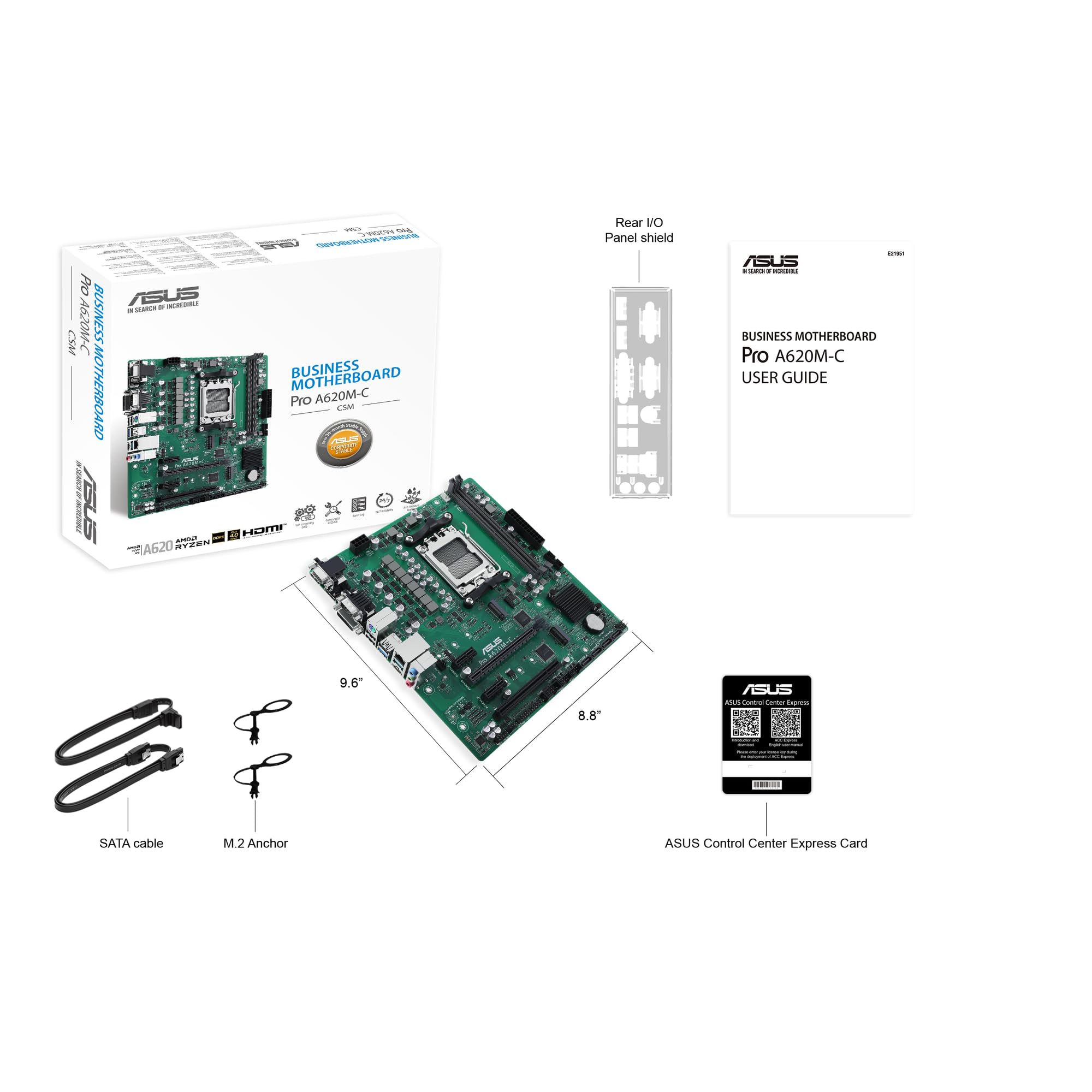 ASUS PRO A620M-C-CSM Gniazdo płyty głównej AMD AM5 (Ryzen AM5, mATX, DDR5, M.2 PCIe 4.0, 1 Gb Ethernet, USB 3.2 Gen 2 Type-C, przedni port USB 3.2 Gen 1 Head)