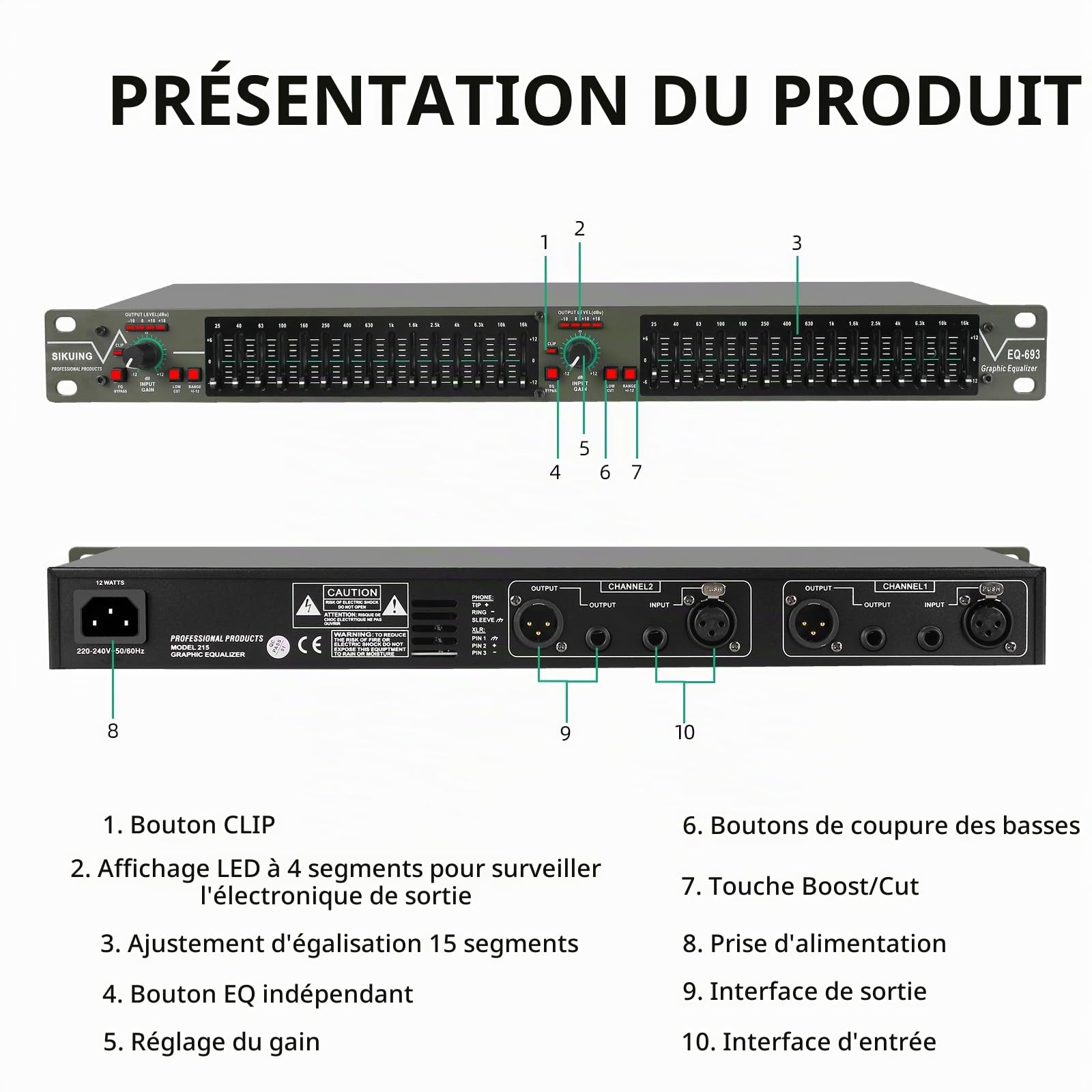égaliseur graphique stéréo à 15 bandes, égaliseur 2 canaux professionnel pour DJ avec suppression du bruit pour home cinéma, fête, scène et studio (montable en rack) EQ-693