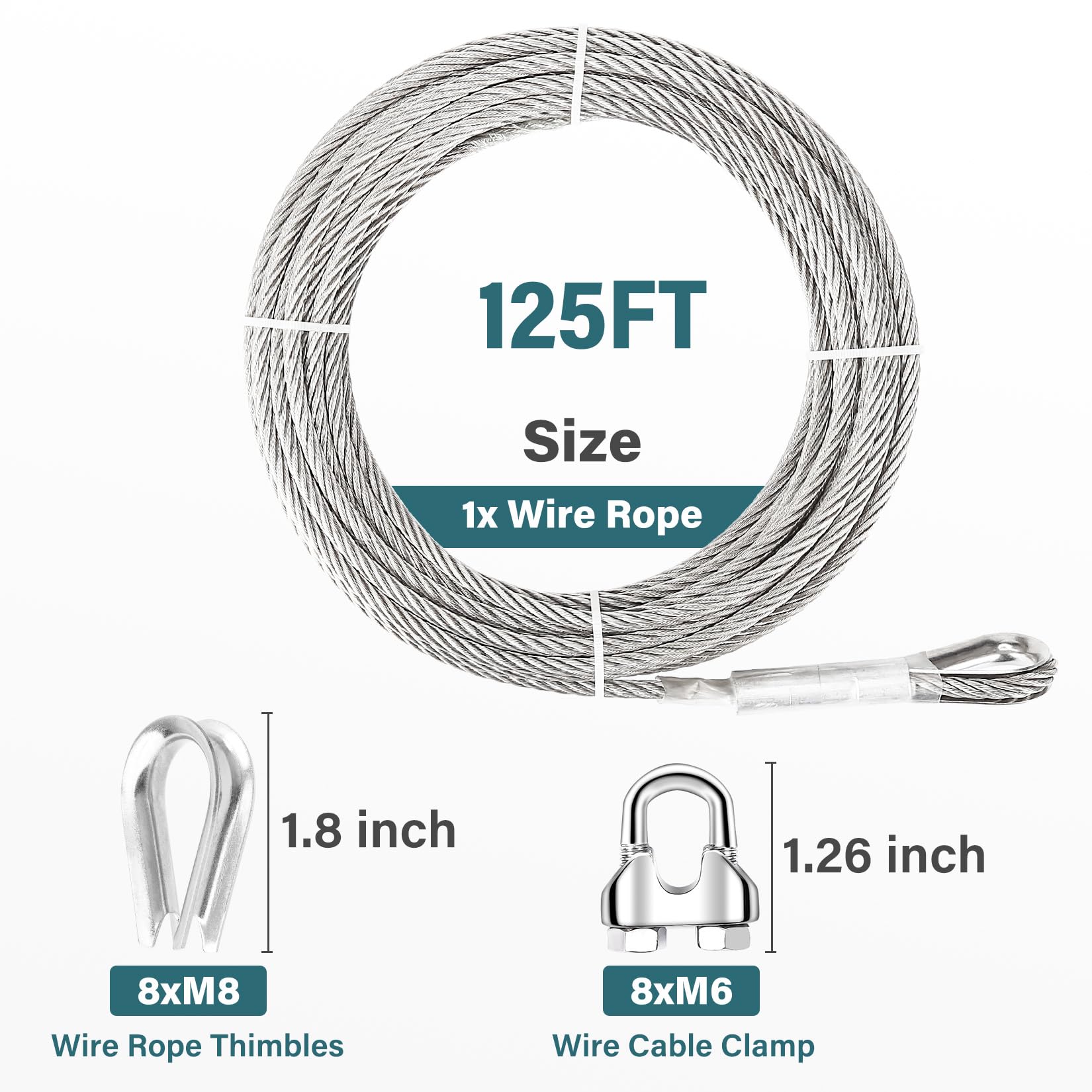 1/4 Stainless Steel Cable, 125ft 1/4 Wire Rope, 7X19 Strands with Stainless Cable Clamps&Thimble, 6400lbs Breaking Strength Aircraft Cable, Steel Cable with Loops for Zipline, Deck Railing