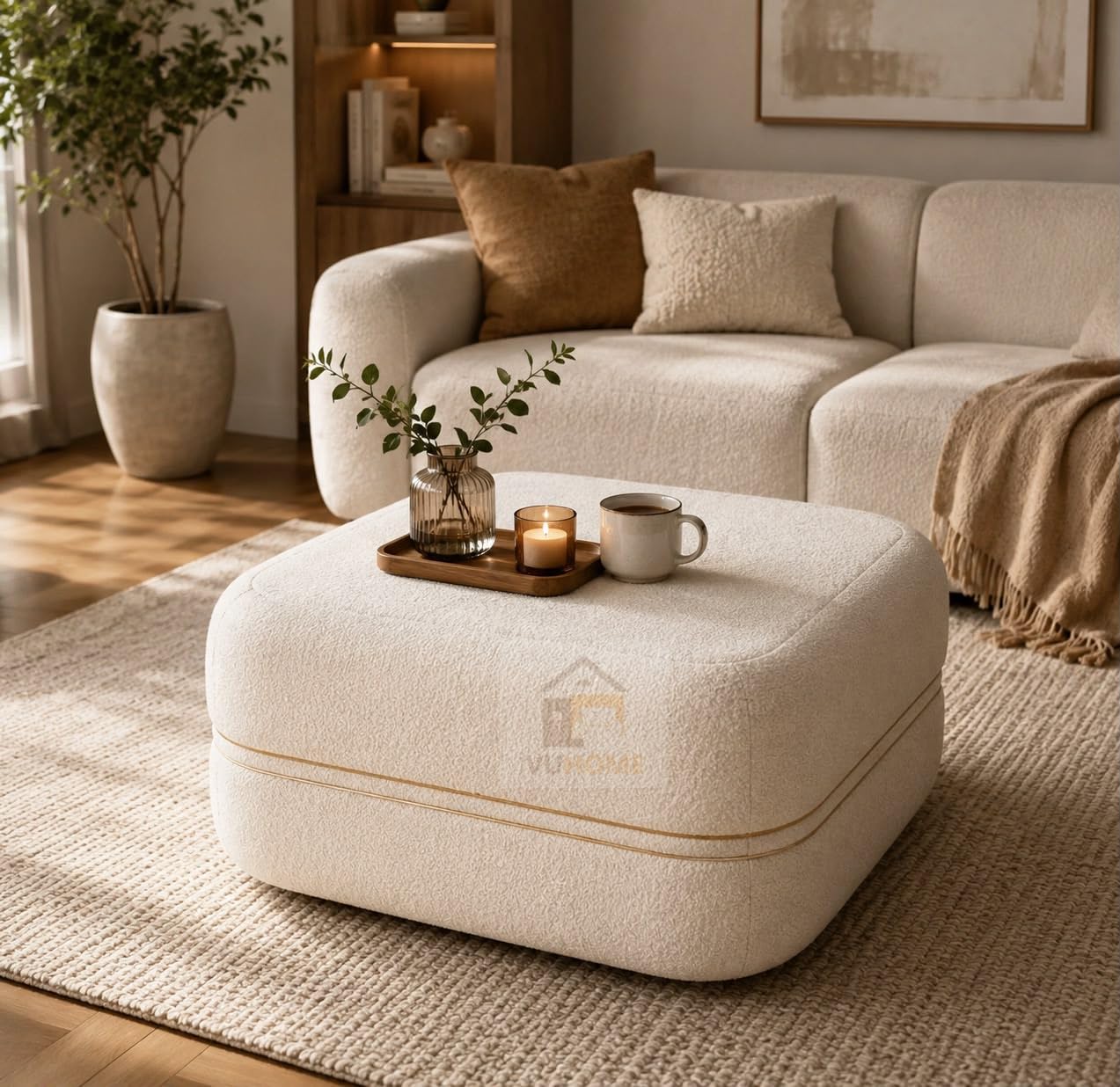 Boucle Storage Ottoman Coffee Table, Square Upholstered Footrest with Hidden Storage, Modern Ottoman for Living Room, Bedroom & Office, No Assembly Required-image-43
