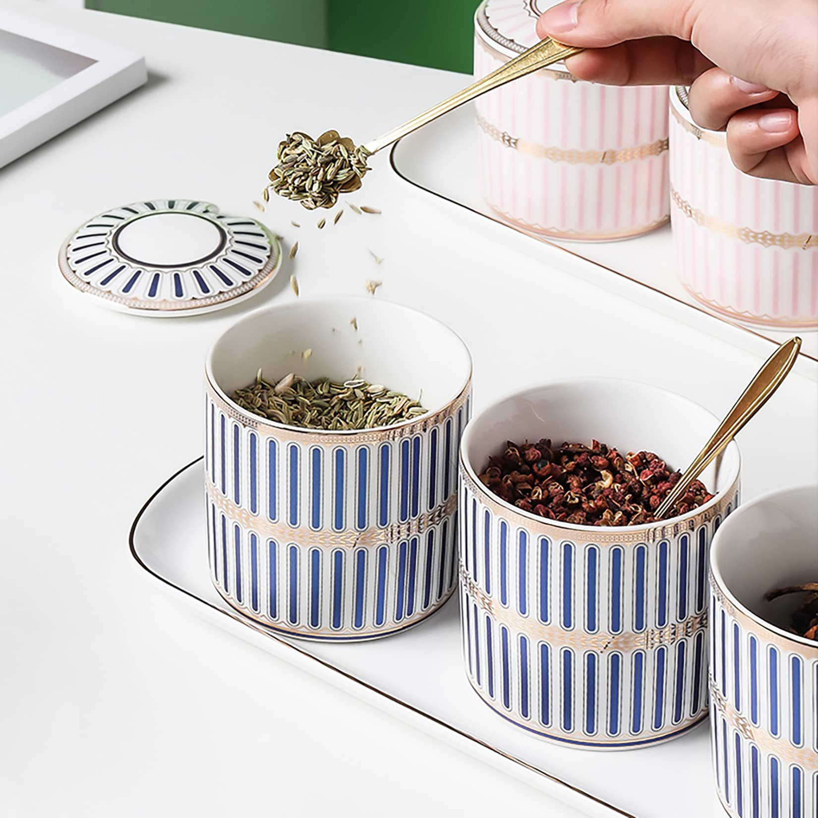 Pots à épices en céramique de Peinture colorée, contenants d'épices de Luxe légers, Pots de Condiments de sel de Cuisine et de Sucre avec couvercles, cuillères et Plateau,Blue/Set of 2