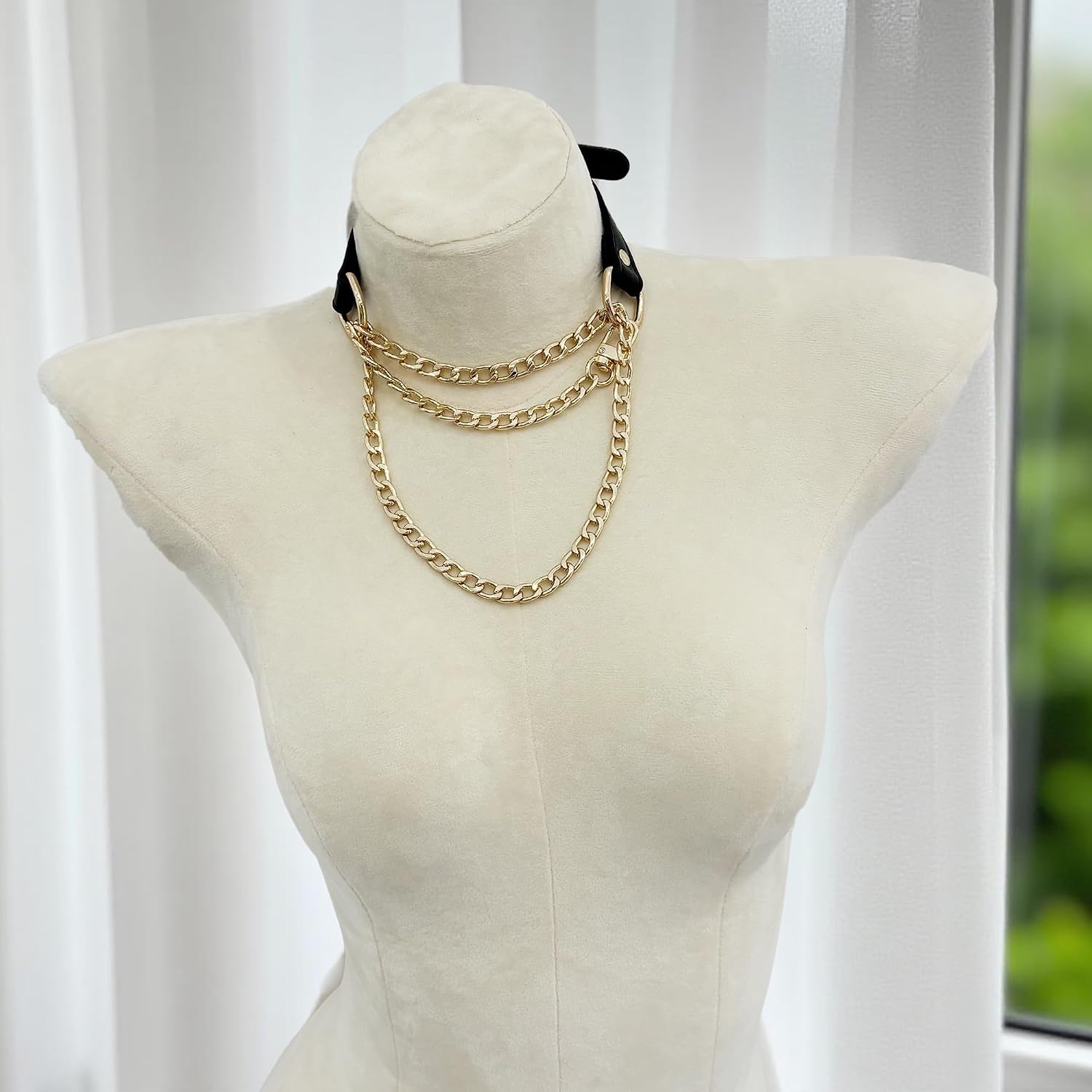 Handmade Black Vegan Leather Choker Collar For Women, Adjustable Triple-Layer Slip Chain Necklace