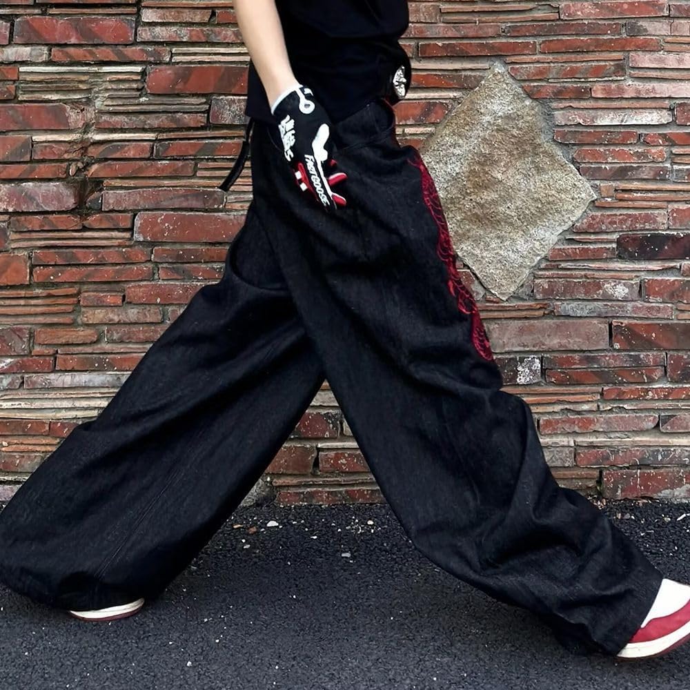 Women's High Waisted Wide Leg Baggy Jeans Trendy Casual Vintage Distressed Embroidered Dragon Street Style Pants