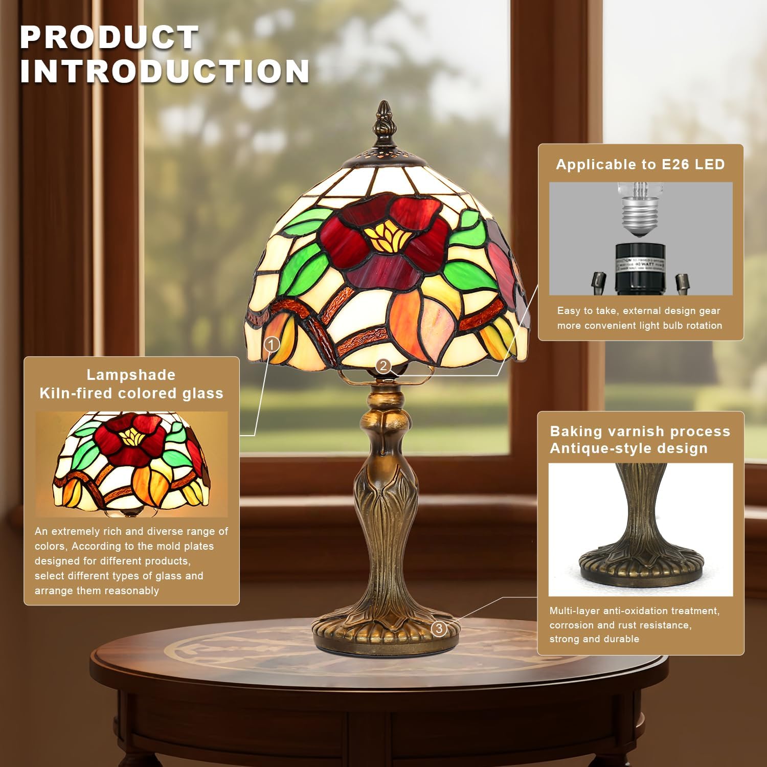 Tiffany Table Lamp, Stained Glass Lamp, Haitang Flower Style, 8 Inch Small Night Light, for Bedroom Living Room Office
