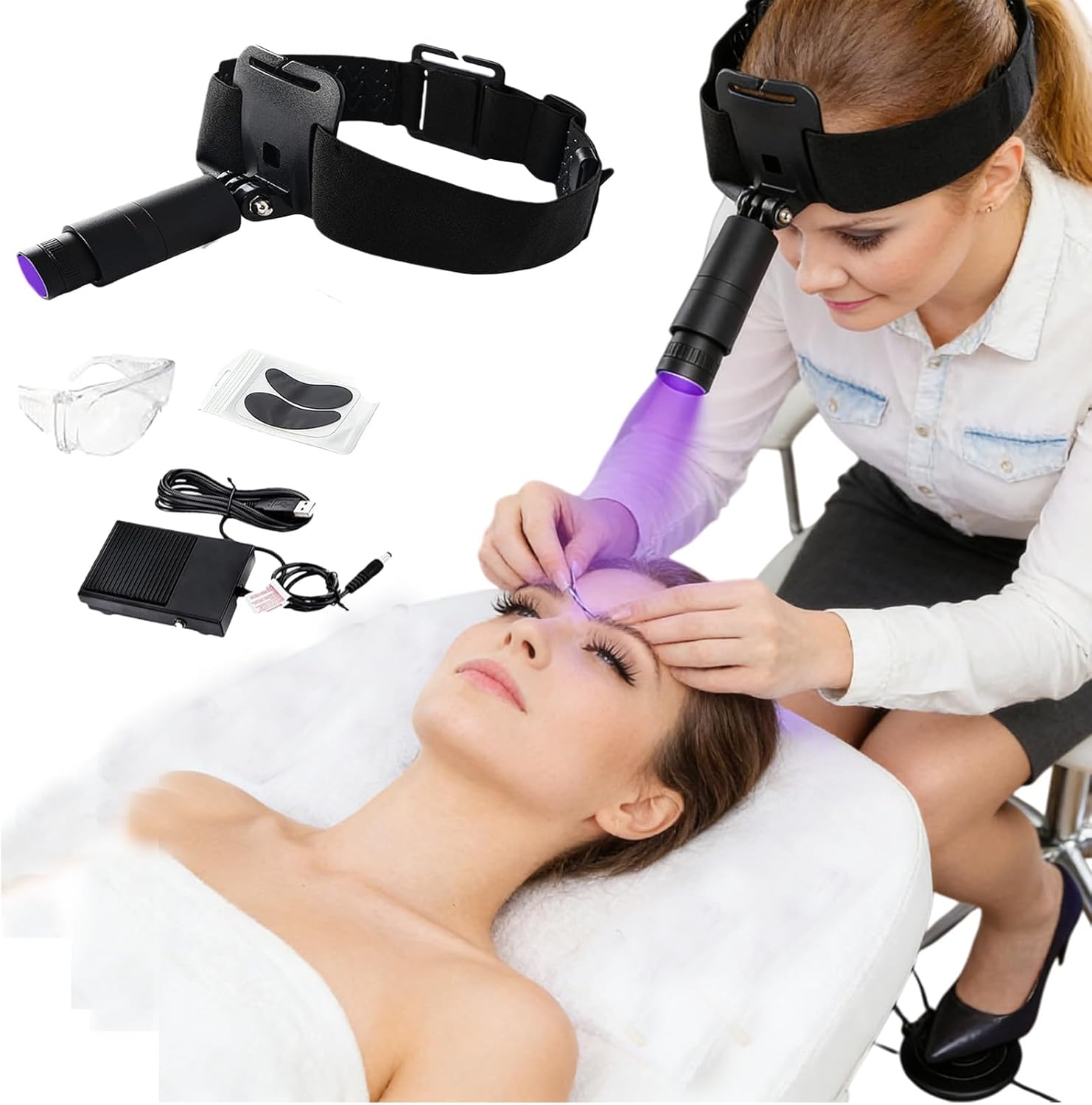 Uv Lash Lamp 5W Portable LED UV Glue Curing Lamp with Foot Pedal 3S Fast Curing Head Uv LED Light for Eyelash Extensions & Gel Nails,UV-Protection Glasses, Eye Patches, Adjustable Spot Size