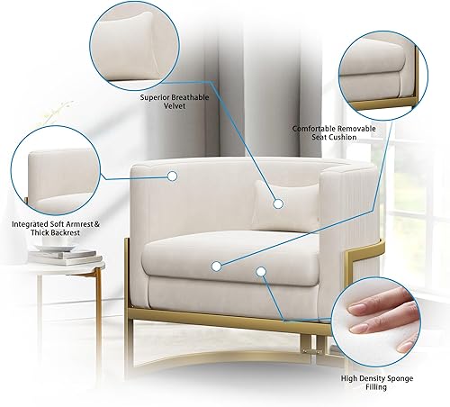 Miniatura 8 de Alunaune - Sillón tapizado de terciopelo con diseño Accent, sillas Barrel modernas para sala de estar, sofá de salón estilo Tub Bucket, silla de