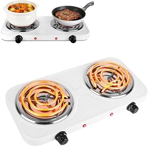 Placa caliente doble, quemador portátil de encimera de 2000 W y estufa eléctrica, estufa de hierro fundido de 5 niveles de temperatura para hogar,