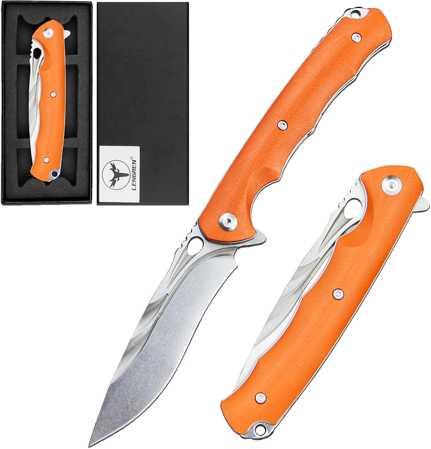 Pocket Knife D2 Steel Ball Bearing Folding Knife for Men G10 Handle Outdoor Camping Survival Hunting Knife With Liner Lock Clip (Orange Handle White Blade)