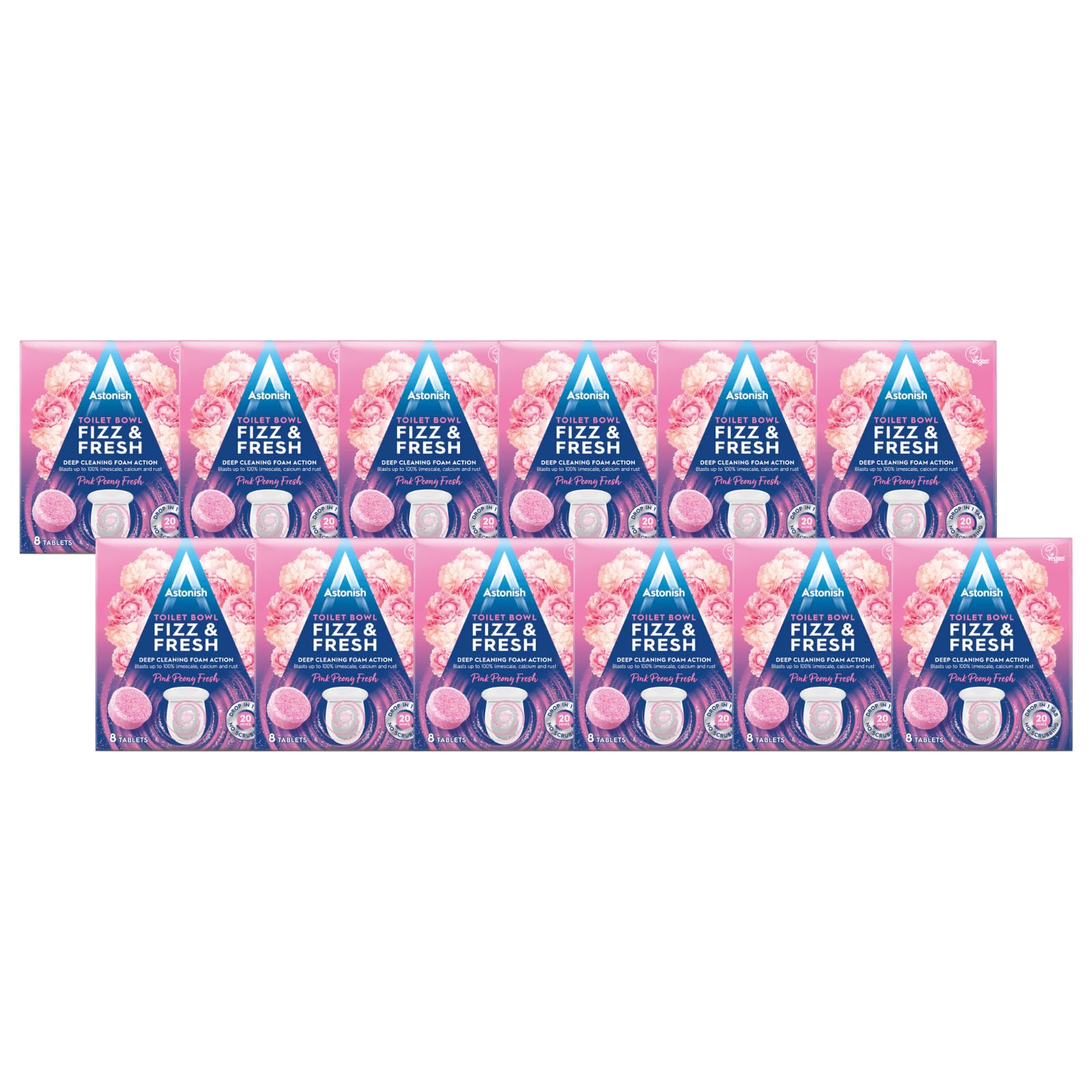 Astonish Special Aromatic Edition - Pastiglie per WC Fizz & Fresh, per una pulizia profonda, profumo fresco di peonia rosa, 8 compresse, confezione da 12