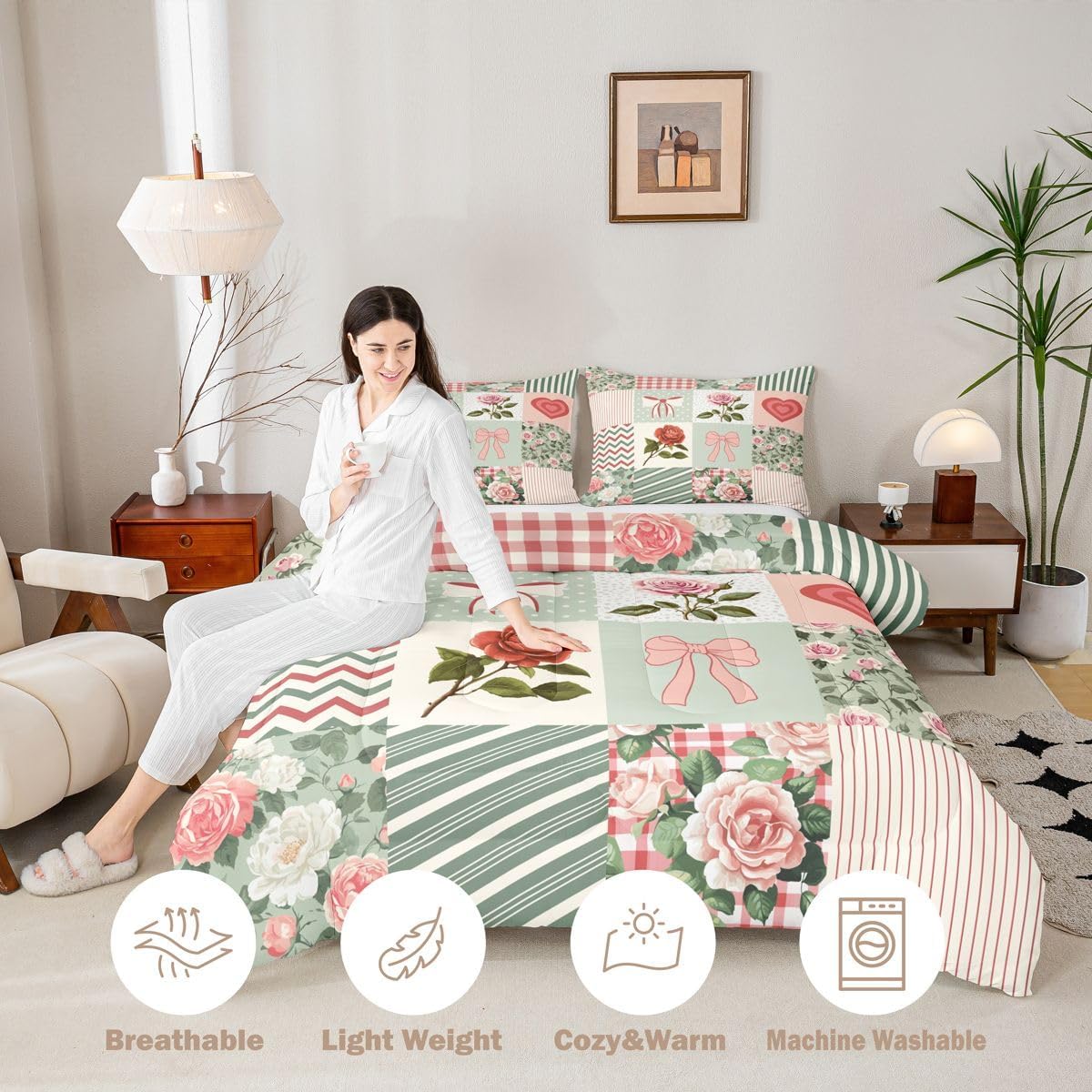 Manfei Floral Bows 3Pcs Comforter Set Queen Size Patchwork Grid Geometric Lines Bedding Set Kids Teens Adult Room Decor Coquette Bow Knot Duvet Insert,2 Pillowcases French Princess Style