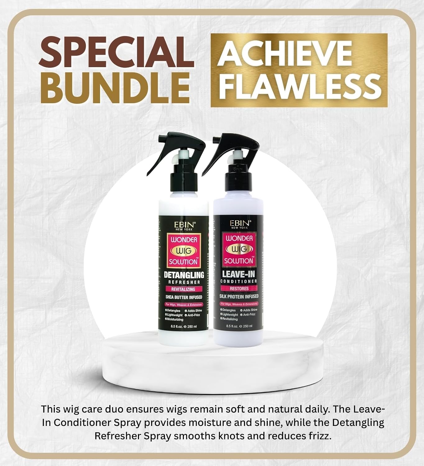 EBIN NEW YORK Wonder Wig Solution Leave-In Conditioner Spray 8.5 oz Bundle with 2x Wonder WigSolution Detangling Refresher Spray 8.5 oz – Hydrating, Detangling, Wig Care – Gift Set (3 Items)