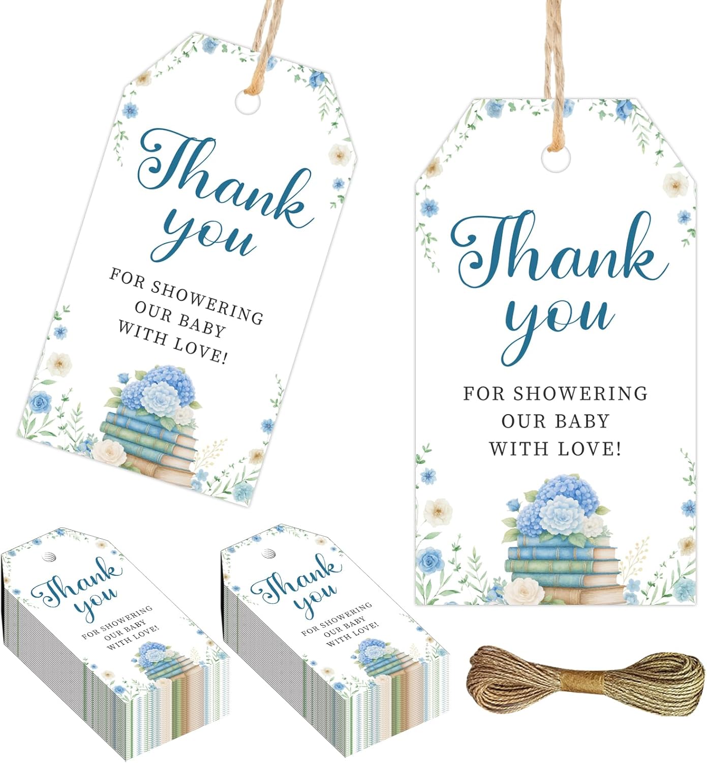 50Pcs Storybook Themed Thank You Tags A New Chapter Begins Baby Shower Party Favors Blue Floral Thank You for Showering Our Baby with Love Gift Tags for Book Reading Baby Shower Party Decors Favors