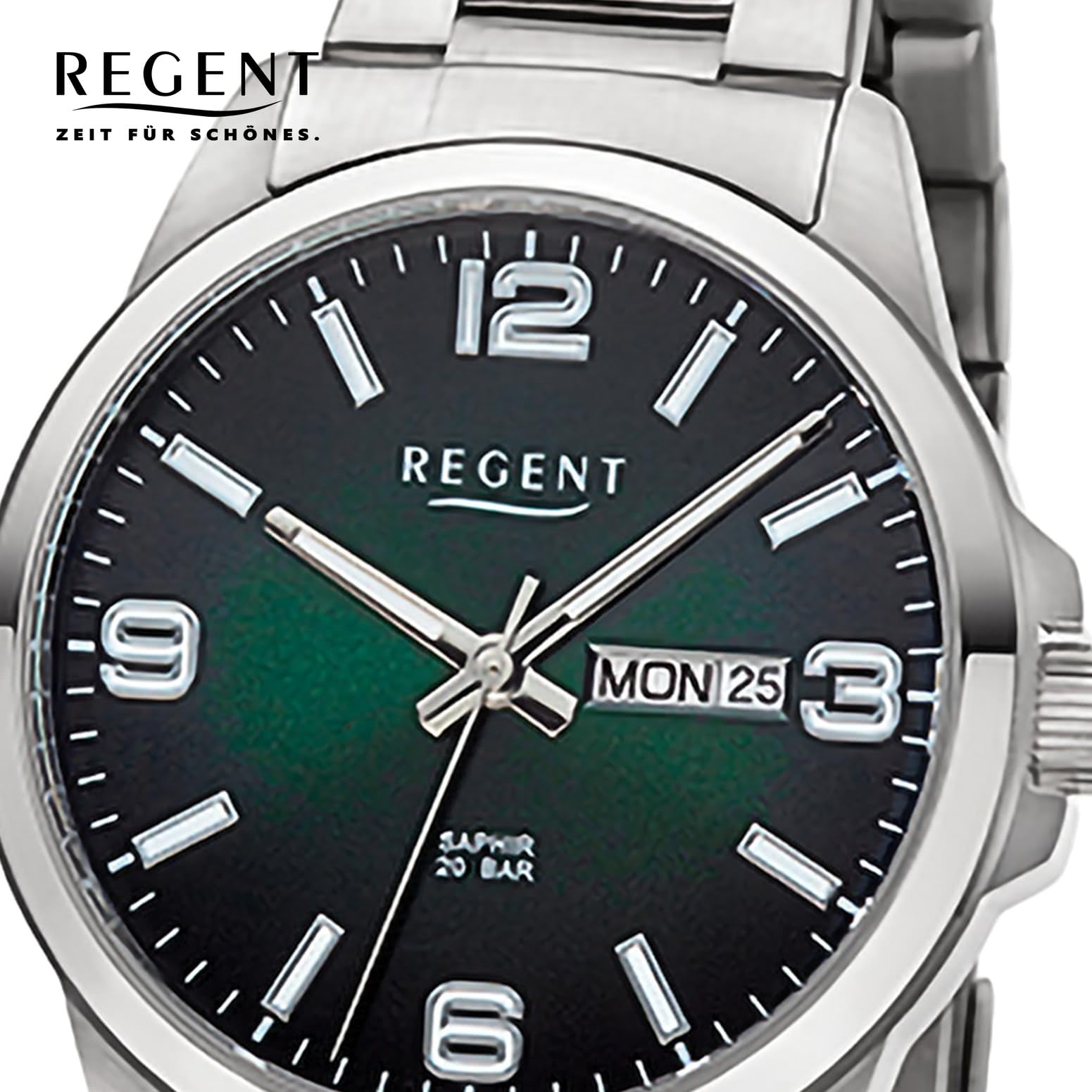 REGENT Orologio da uomo con giorno della settimana e datario 20 ATM, vetro zaffiro F-1529