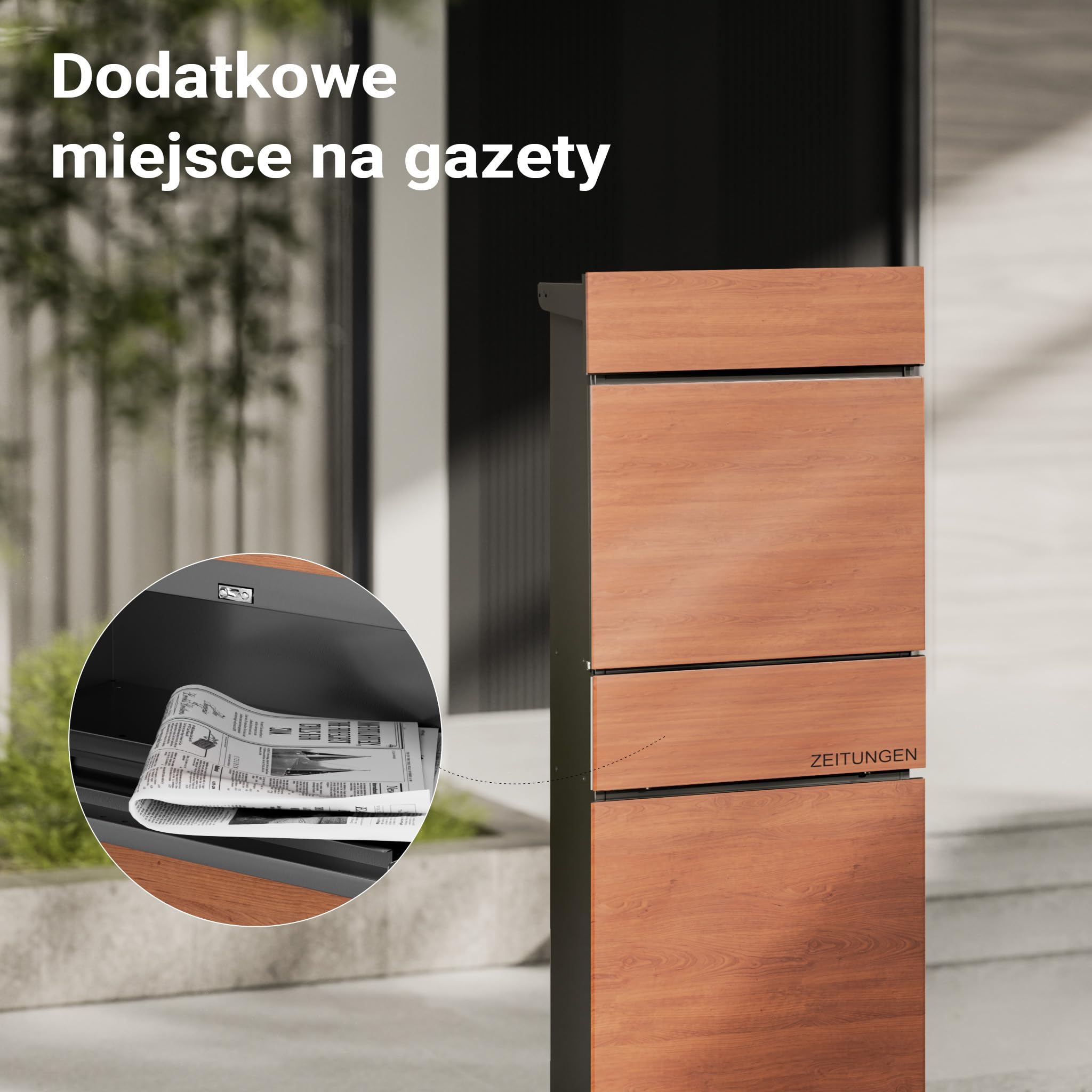 Wiltec Skrzynka pocztowa 395 x 142 x 1150 mm ze stali cynkowanej z drukiem UV imitujący drewno, słup na listy ze schowkiem na gazety, 2 kluczykami i klapą soft close