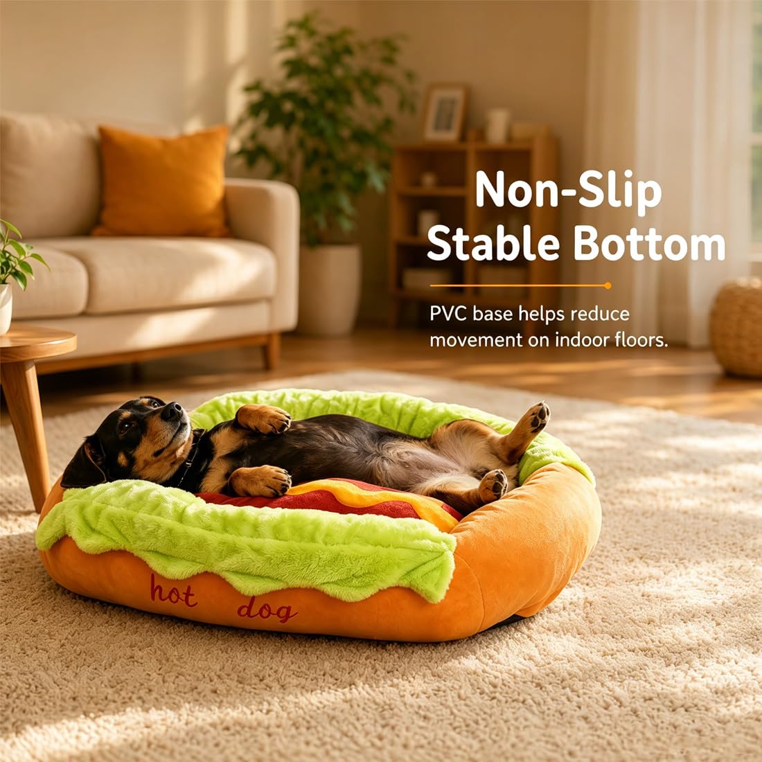 Cama Hot Dog para Perro Salchicha, Sofá de Peluche en Forma de Pan para Perros Pequeños y Gatos, Colchoneta Extraíble Lavable y Base Antideslizante (Hot Dog Bed,XL)