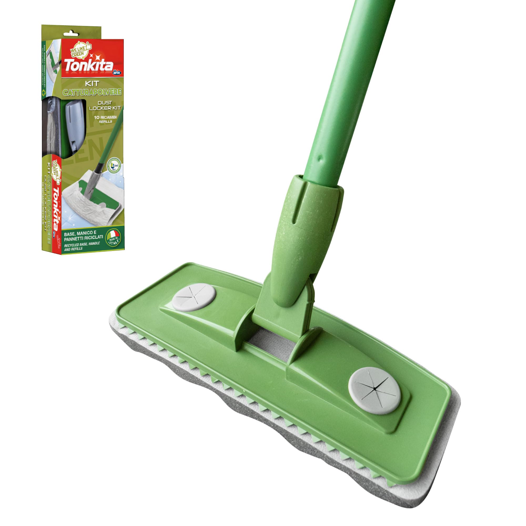 Tonkita Kit atrapapolvo con 10 repuestos, 1 Escoba con 10 paños para Suelo y Muebles, Mango Modular