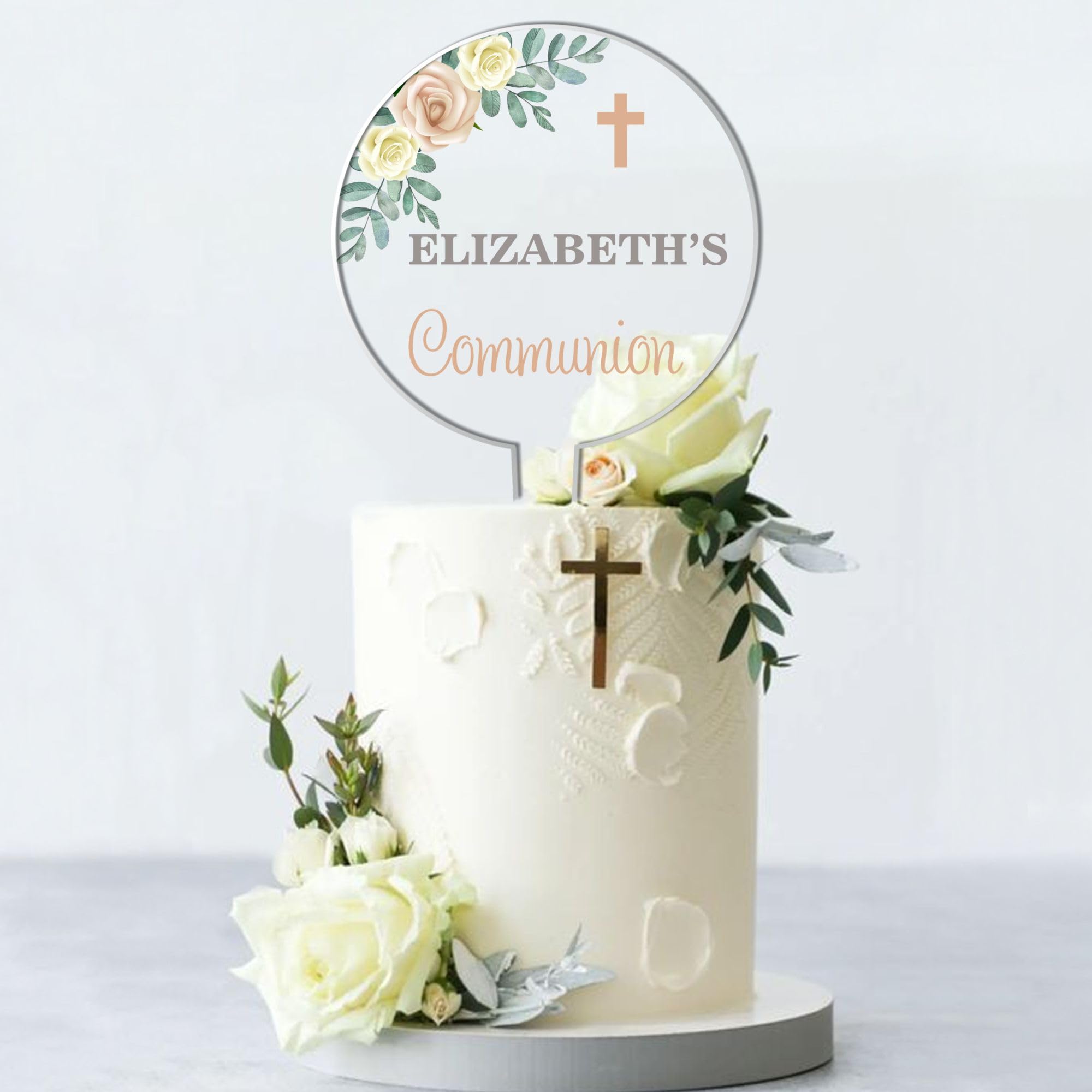 Personalised Religious Cake Topper – Custom Name & Occasion – Christening, Communion or Confirmation – Acrylic Floral Design with Cross – Reusable Printed Cake Decoration (Communion, Cream) — image 1