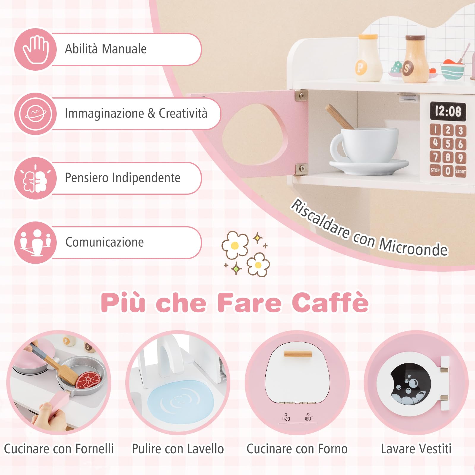 COSTWAY Cucina Giocattolo con Macchina da Caffè, Forno e Lavatrice, Cucina per Bambini in Legno con Microonde e Lavandino, Set Cucina con 13 Accessori, 70 x 30 x 88 cm, per Bambini 3+ Anni
