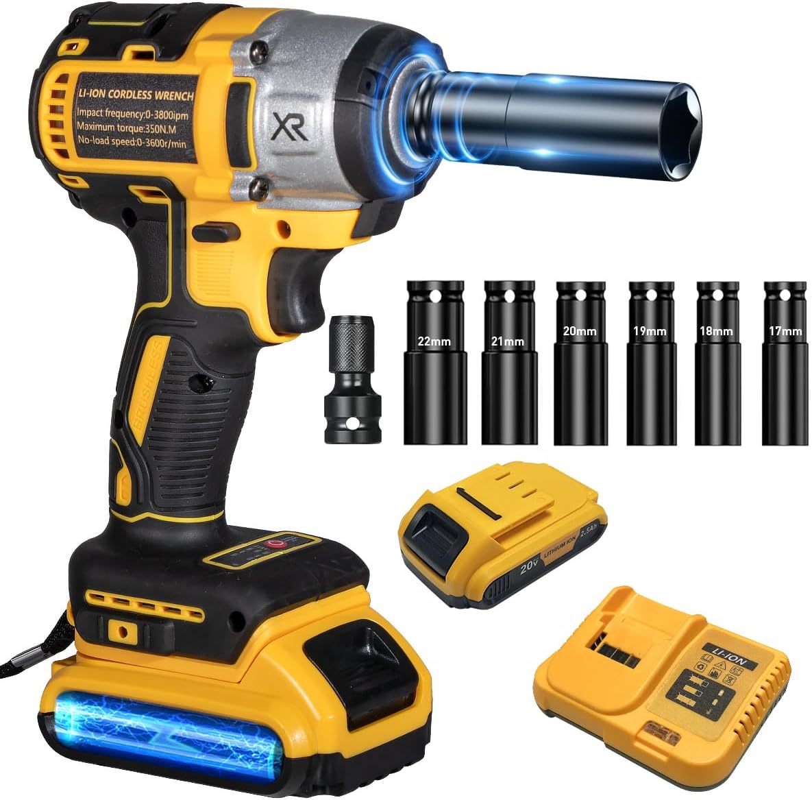 20V Brushless Impact Wrench 350N.m (259Ft-lbs) - 3300RPM Beast with 2.5Ah Batteries & 12 Sockets Kit - Auto-Reverse, 3 LED Lights, Thermal Control - for Cars, Construction