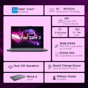 Lenovo 16 FHD+ Gaming Laptop Computer for Home Student, Intel 8-Core i5-13420H, 8GB DDR5 RAM, 512GB PCIe SSD, WiFi 6, BT 5.2, Type-C, Luna Grey, Windows 11 Home
