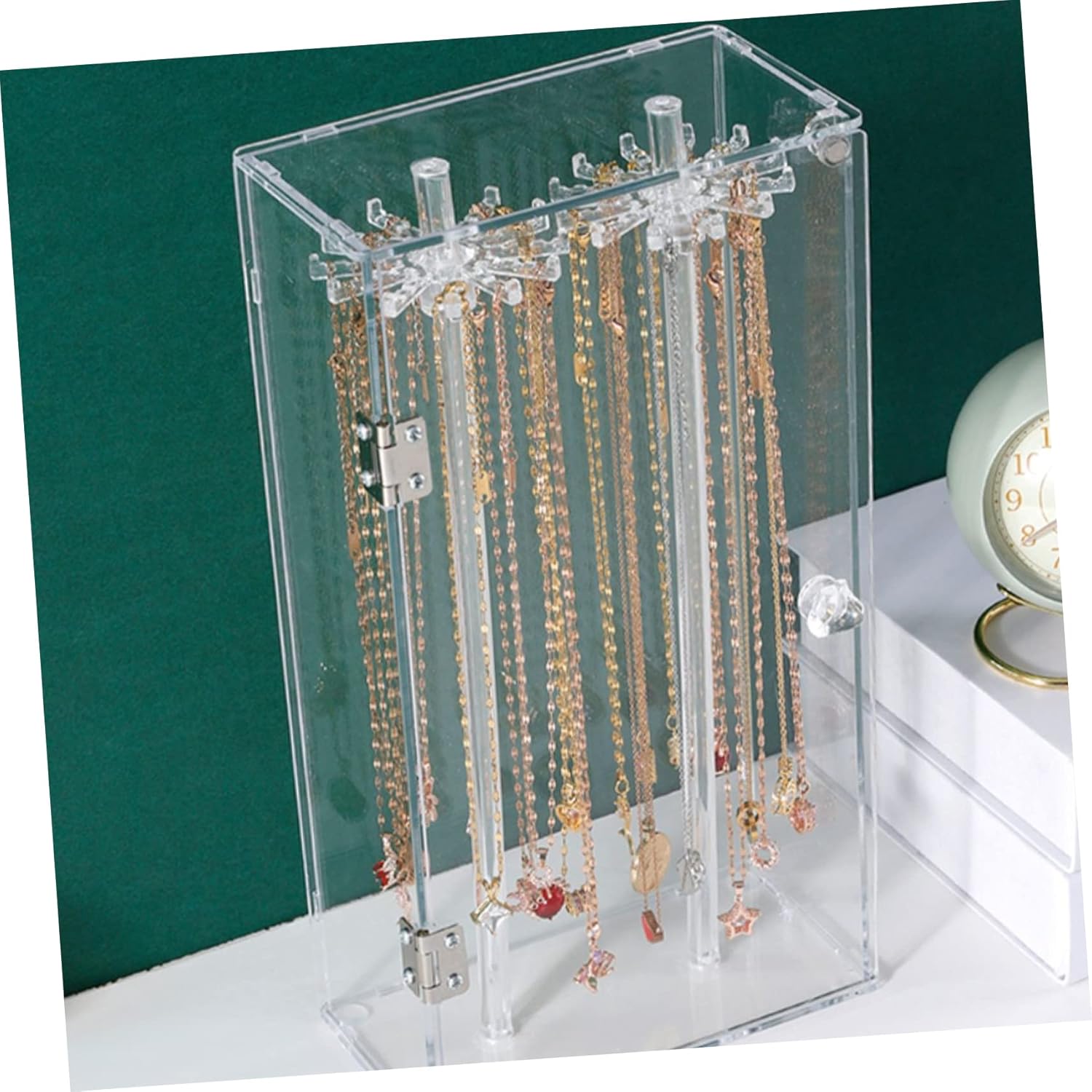 BESTYASH Hook Rotating Transparent Acrylic Jewelry Holder with Lint Tray Clear Necklace Organizer Stand for Pendants Rings Earrings Storage and Display Dustproof Multifunctional Jewelry